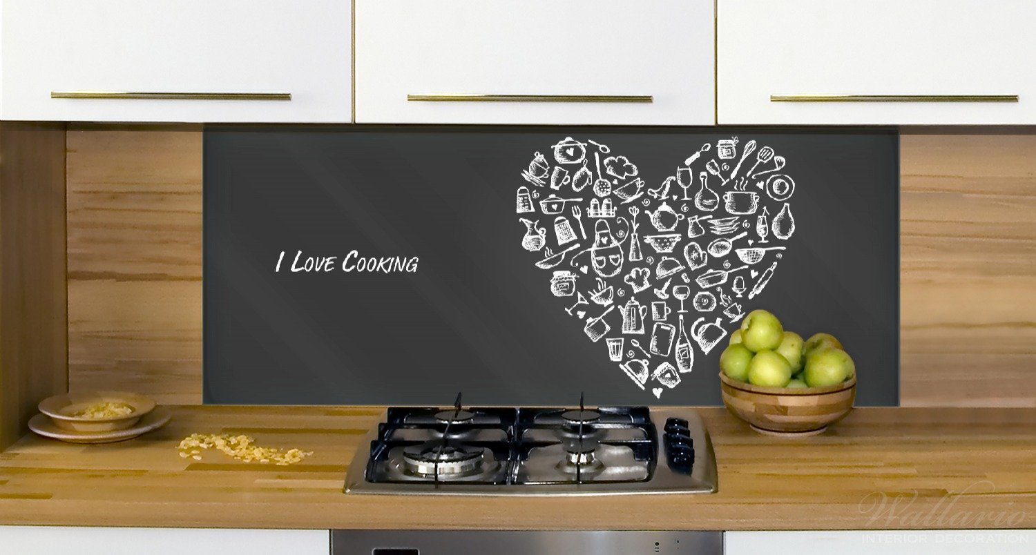 (1-tlg) I - Herz Cooking aus in Love Wallario weiß, schwarz Küchenrückwand Küchenutensilien