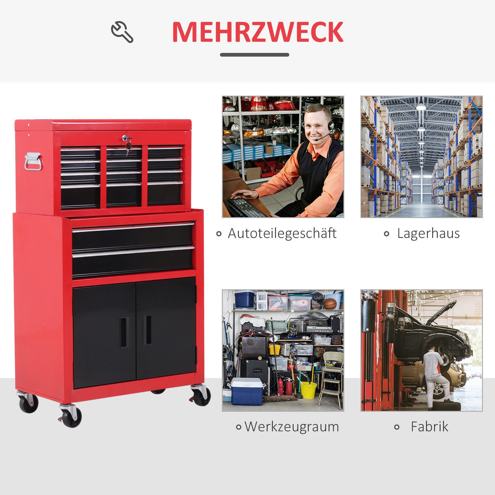 HOMCOM Werkstattwagen Werkzeugkasten abschließbar mit 6 Schubladen, Schrankfach, mit Griff, max. Traglast:60 kg, 0-tlg. Werkzeugset, (Werkzeugwagen leer, 1-tlg. – Bild 5 von 5