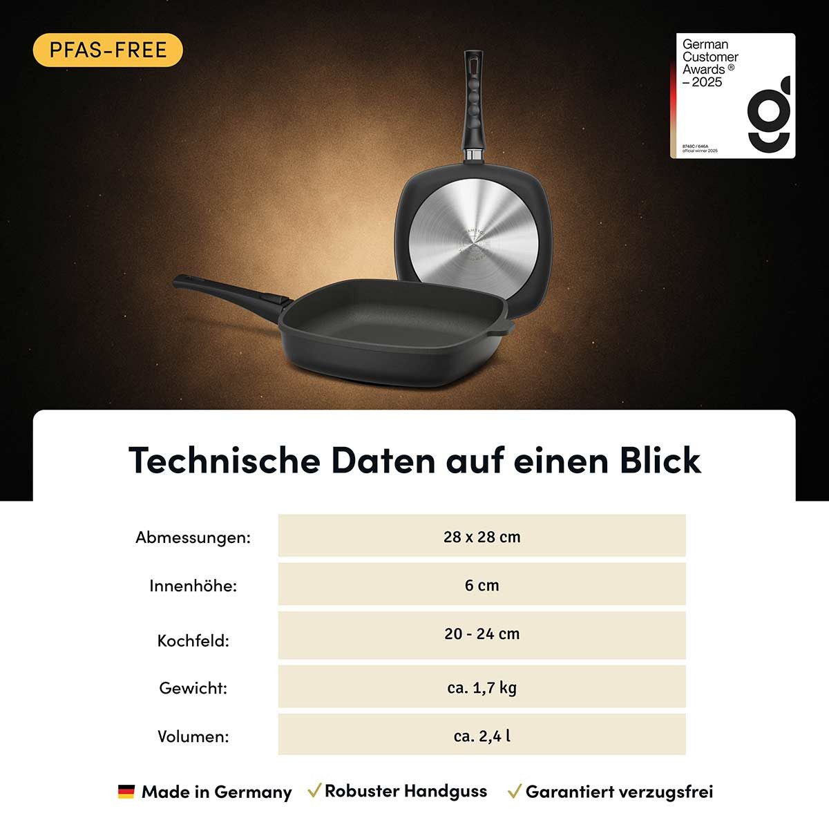 Hoffmann Germany Bratpfanne STONIQ Viereckpfanne 28×28 cm PFAS-frei – Made in Germany, Aluguss (1-tlg., 1x Viereckpfanne 28×28 cm), IQ-SHIELD, Induktion, abnehmb. Griff, backofenfest 300°C, 2,4 l