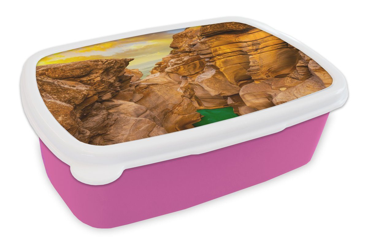 MuchoWow Lunchbox Natur Meer für Erwachsene, Wasser, - - Kunststoff Kinder, Brotbox - (2-tlg), rosa Brotdose Kunststoff, Sonnenuntergang Mädchen, - Snackbox, Felsen