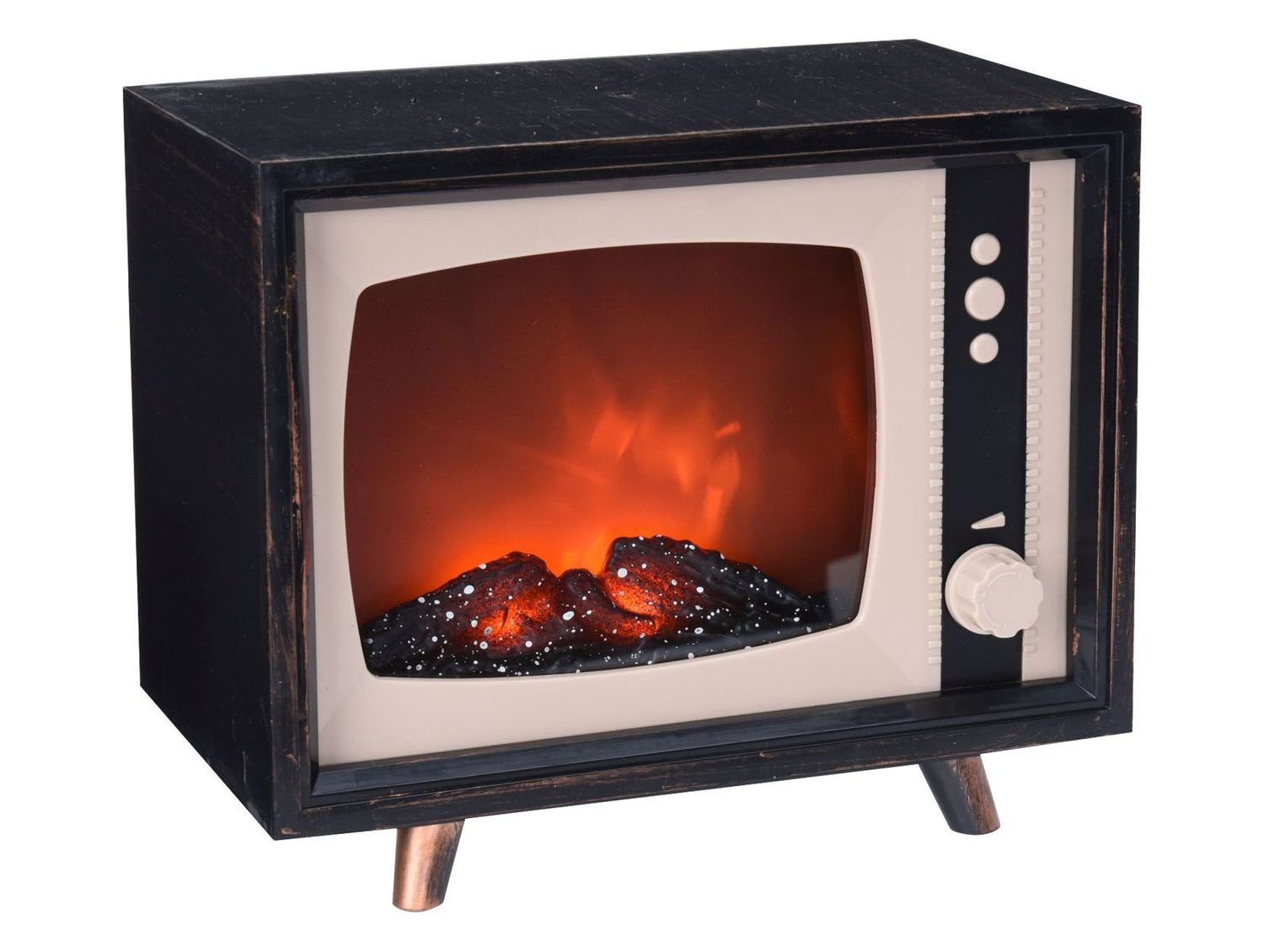 BURI Dekofigur 4x LED Kamin Fernseher Nostalgie Kaminfeuer Tischkamin Flammeneffekt