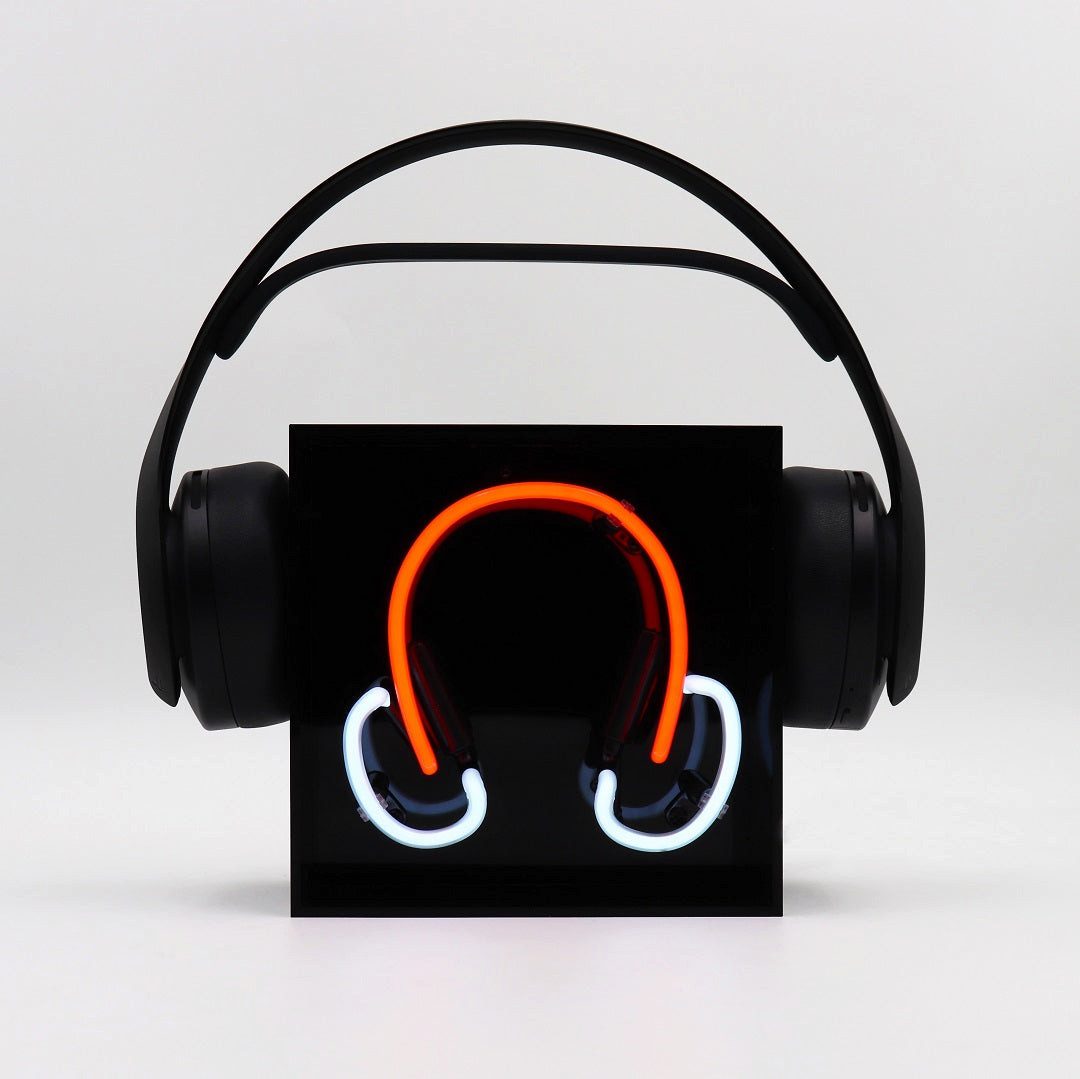 TOM NEON Dekolicht "Kopfhörer" Glas Neon Box Neonlampe Geschenkidee, TOM NEON, Neonröhren, Rot, Blau, Weiß, Handgefertigt