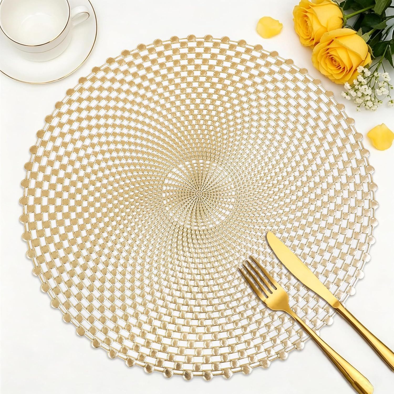 FELIXLEO Platzset 6 Runde Platzsets Gold Spiral Abwaschbar 38 cm Tischdeko Deko, (1-St)