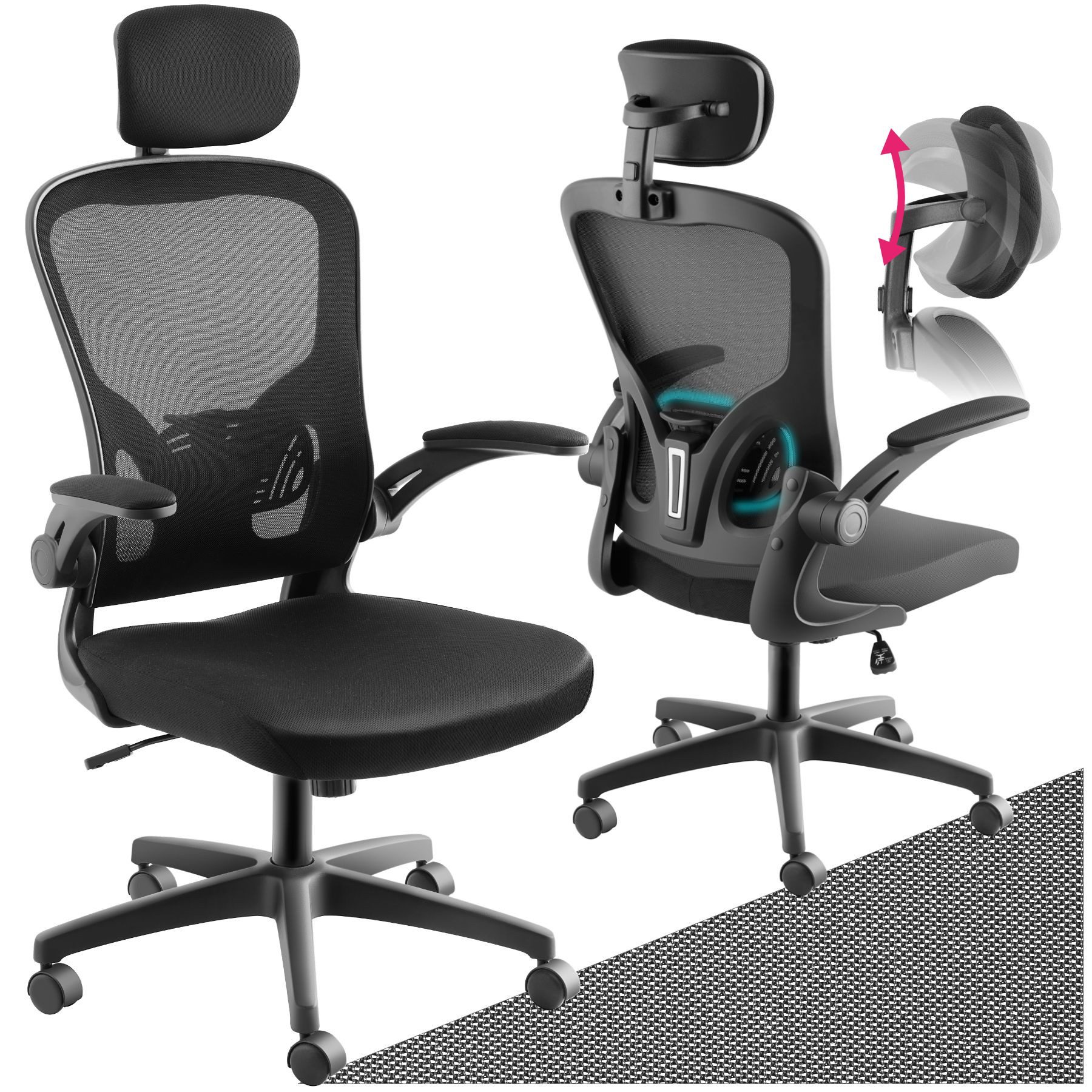 tectake Drehstuhl Bürostuhl (Set., 1 St), Ergonomische Rückenlehne mit individuell anpassbarer Kopflehne