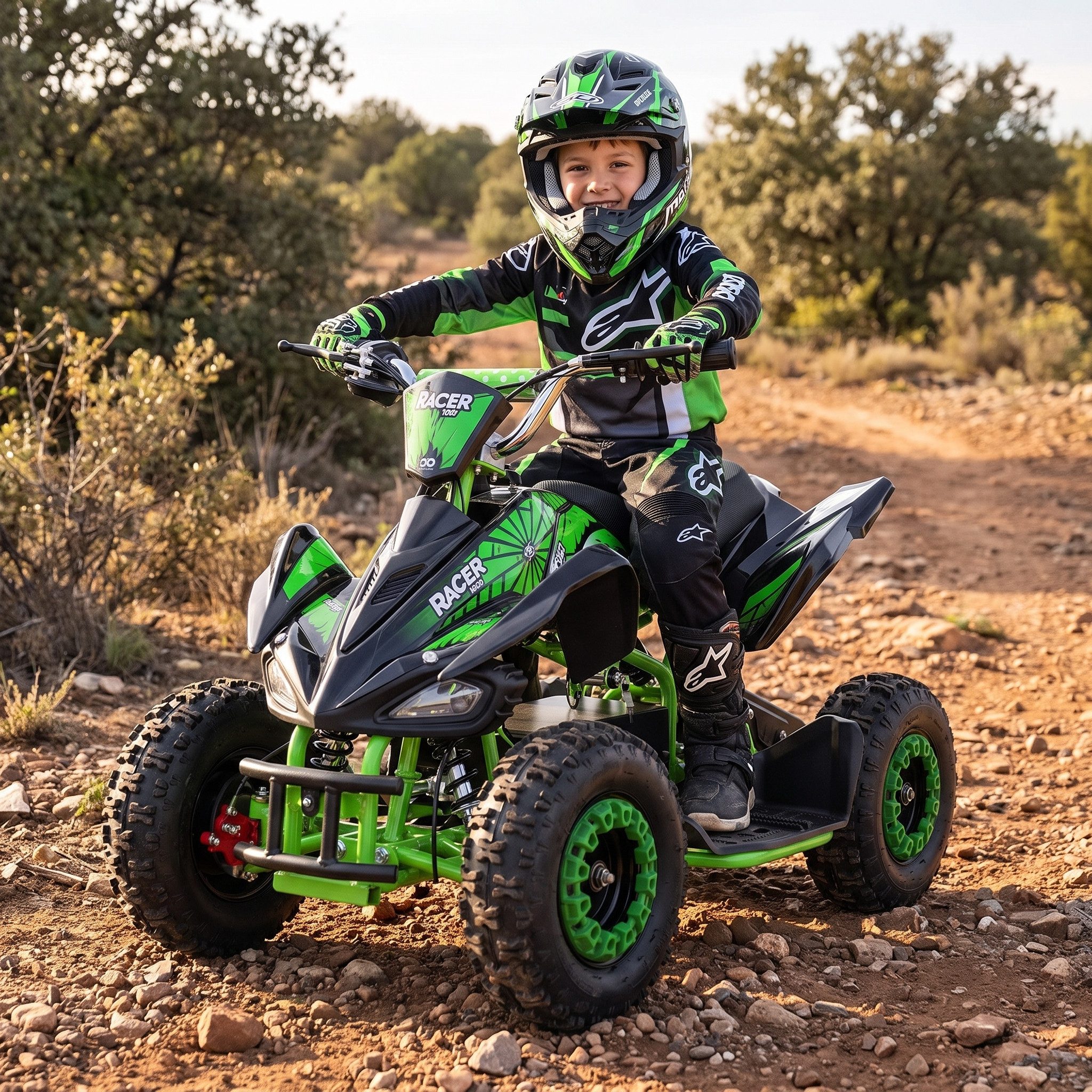 Actionbikes Motors Elektro-Kinderquad Kinder Elektroquad Racer 1000 W 36 V Mini Quad, bis 50 kg, Scheibenbremsen, Safety Touch System Fußschalter