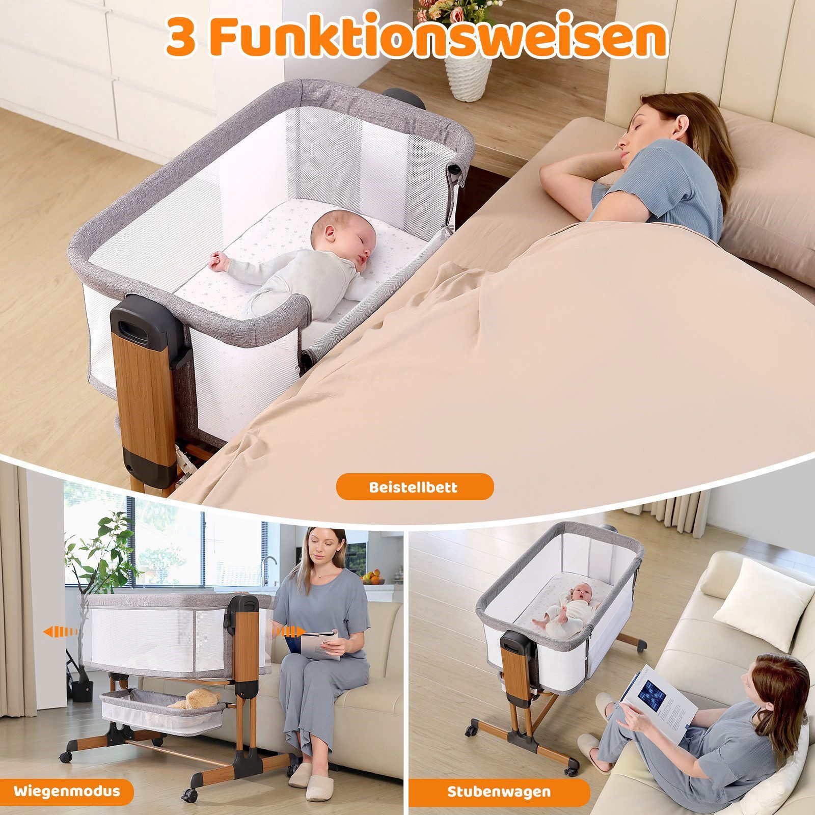 Ezebaby Beistellbett 3 in 1 Babybett Babywiege für Neugeborene Schaukelbett günstig online kaufen