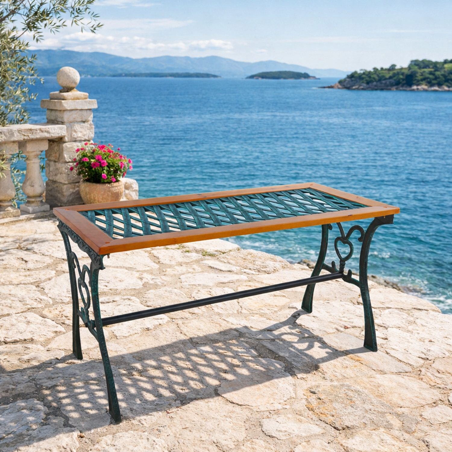Mojawo Küchentisch Gusseisen Gartentisch Outdoortisch Holz Glasplatte Natur 98x46xH56cm