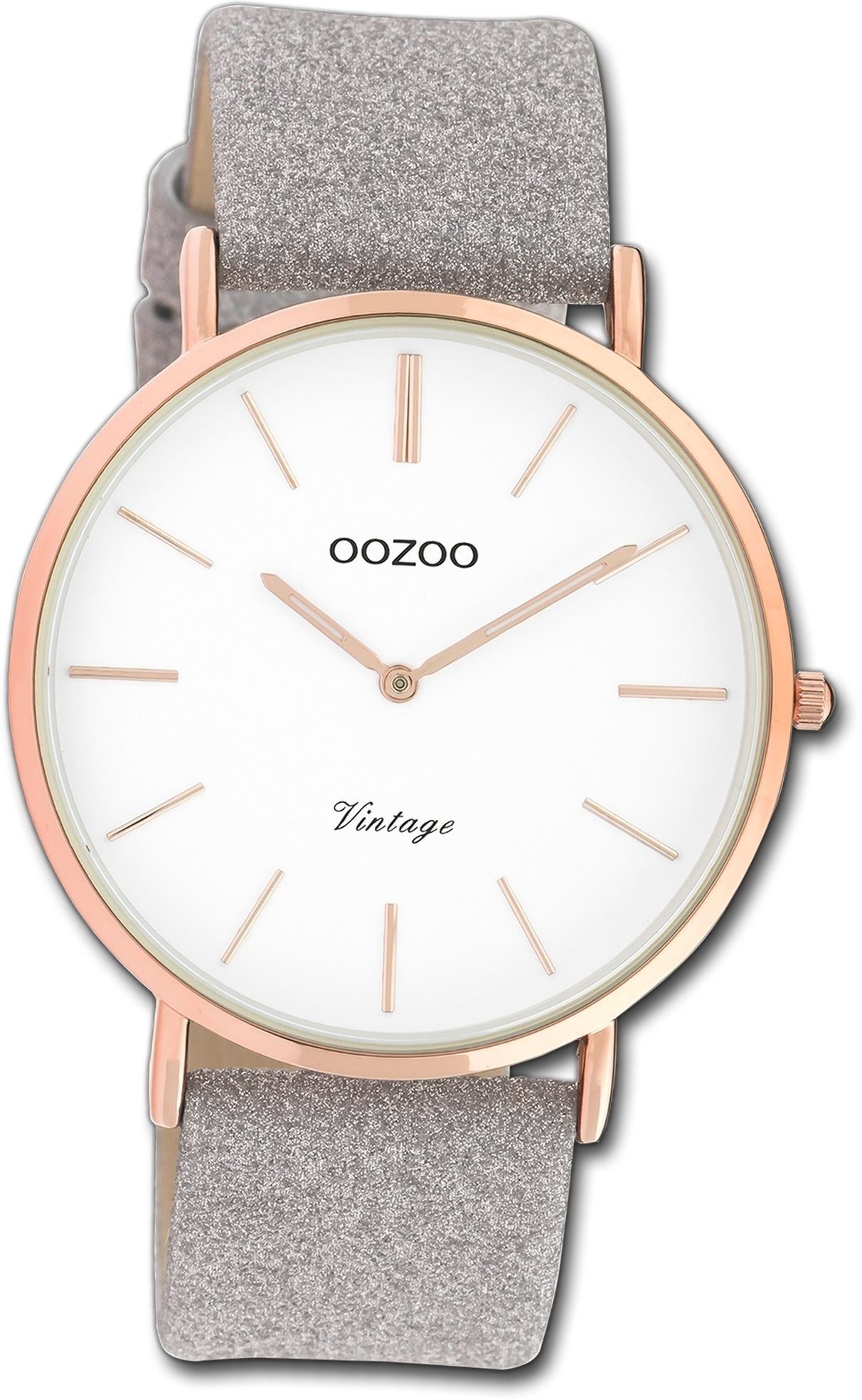 OOZOO Quarzuhr Oozoo Damen Armbanduhr Slim, (ca. Damenuhr groß rundes Gehäuse, grau, Lederarmband Ultra 40mm)