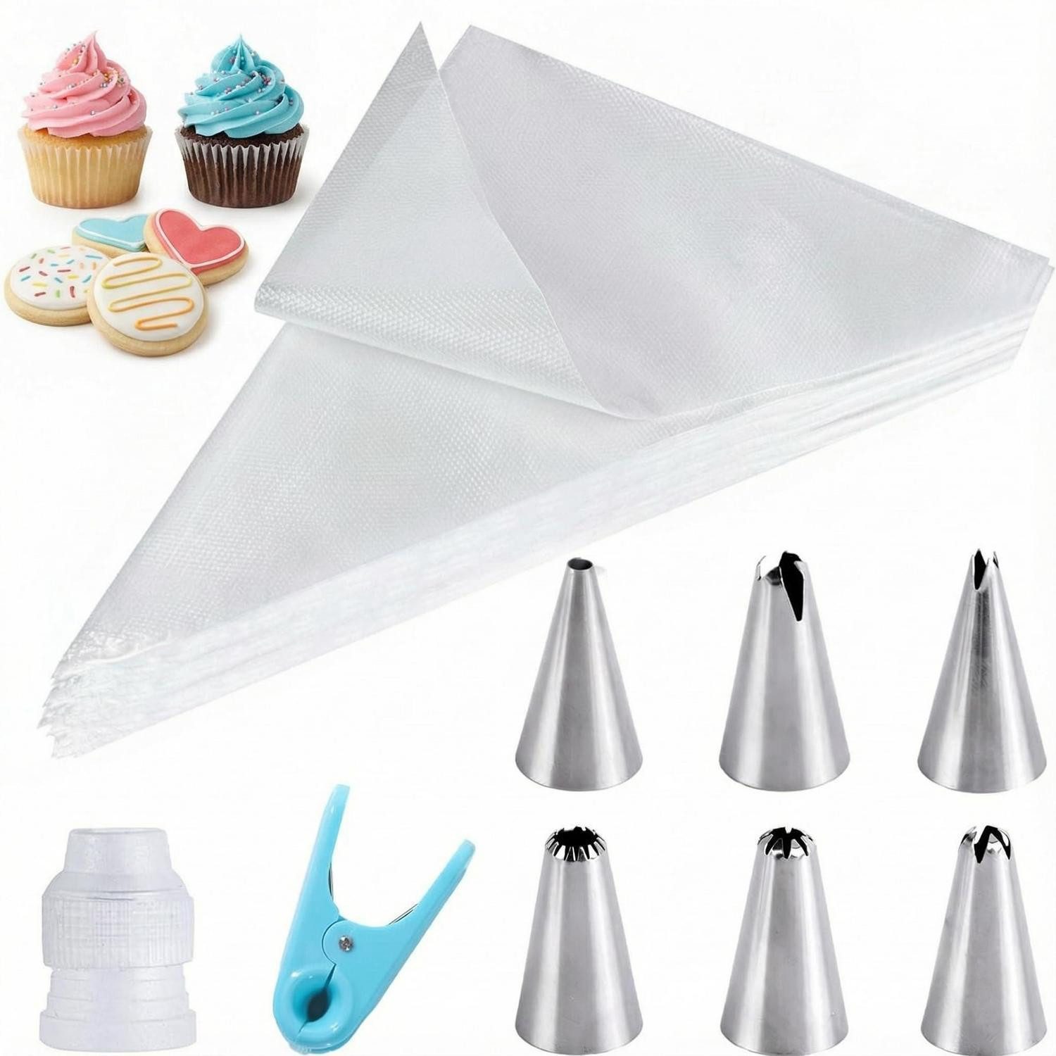 LuxusKollektion Spritzbeutel Spritzbeutel-Set 100 Stk mit 6 Edelstahl Tüllen
