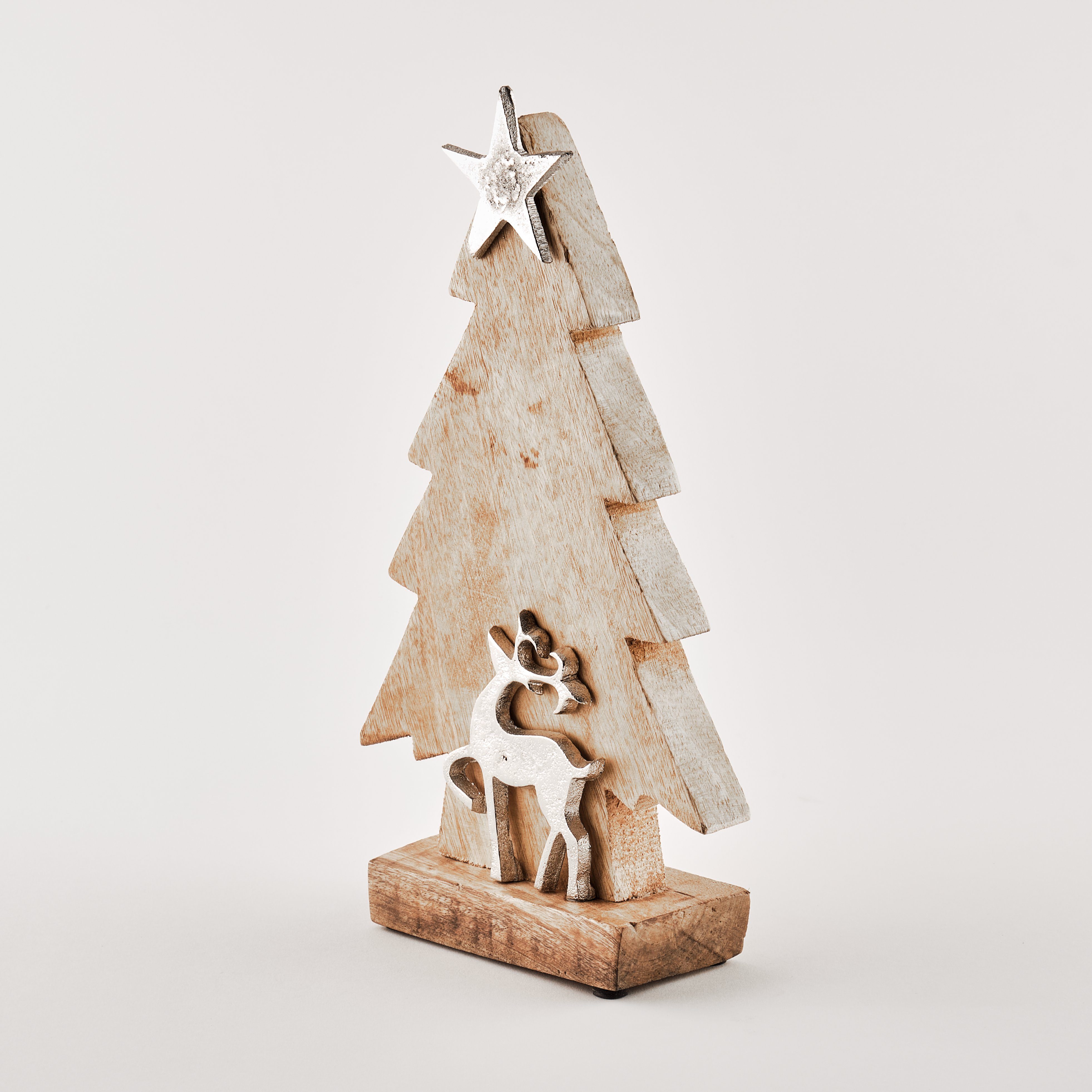 TOPCENT Weihnachtsfigur Tannenbaum aus Mangoholz mit Rentier und Stern, H 32 cm, aus Mangoholz | Dekofiguren