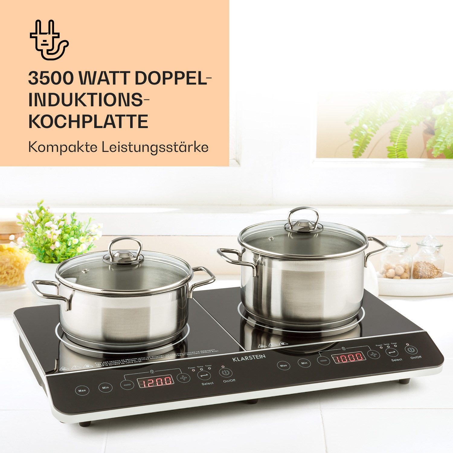 Klarstein Induktions-Kochfeld VariCook Slim Doppel-Induktion 3500W 240°C 10 Stufen Touch Camping 10030684, Doppel Induktionskochplatte 2 Kochfelder Platten Camp – Bild 4 von 5