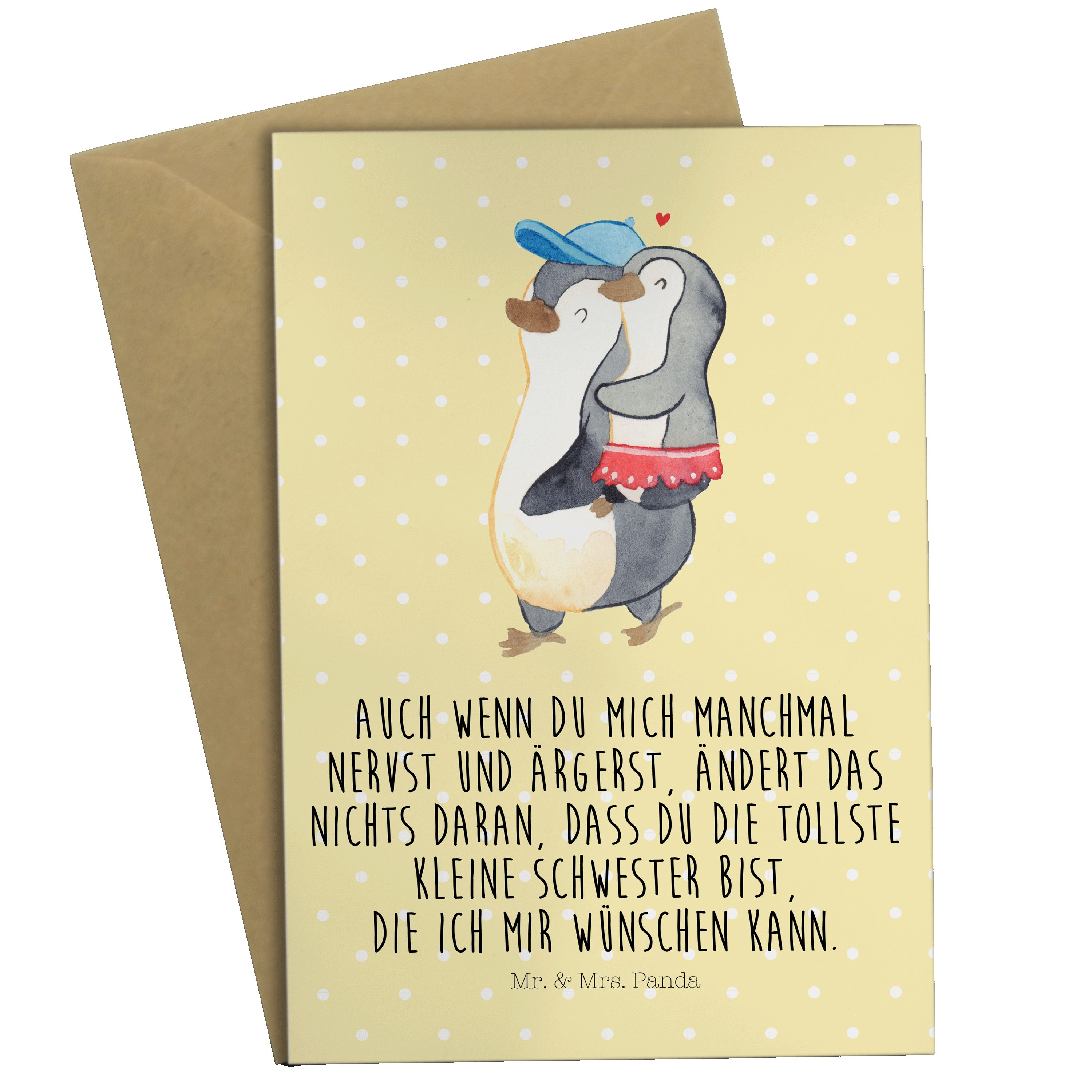 Mr. & Mrs. Panda Grußkarte Pinguin Kleine Schwester - Gelb Pastell - Geschenk, Tochter, Klappkar