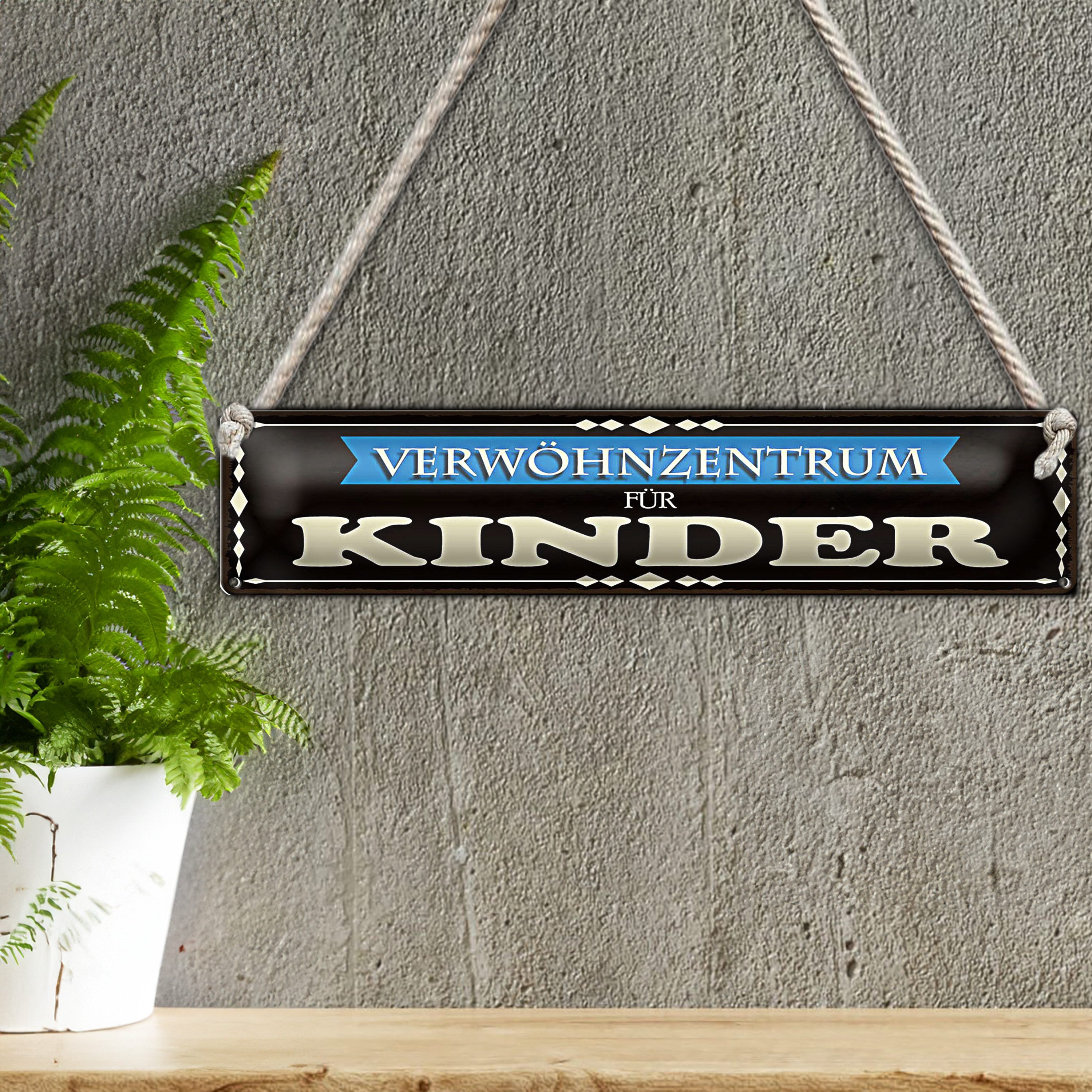 Roomando Metallschild Blechschild Spruch 46x10cm Verwöhnzentrum für Kinder Dekoration