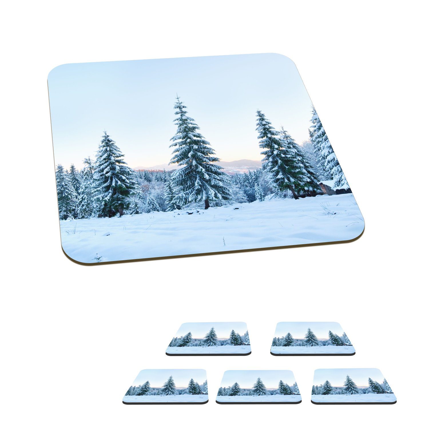 MuchoWow Glasuntersetzer Winter - Schnee - Bäume, Zubehör für Gläser, 6-tlg., Glasuntersetzer, Tischuntersetzer, Korkuntersetzer, Untersetzer, Tasse