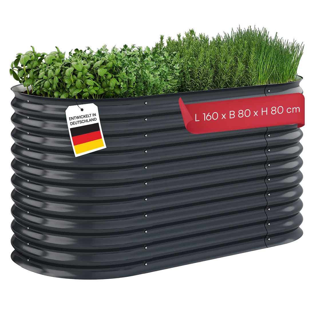 STEELSØN Hochbeet Hydra aus verzinktem Stahl-Wellblech, ovaler Pflanzenkasten (160 cm breit, Anthrazit), Gemüsebeet mit offener Bodenstruktur