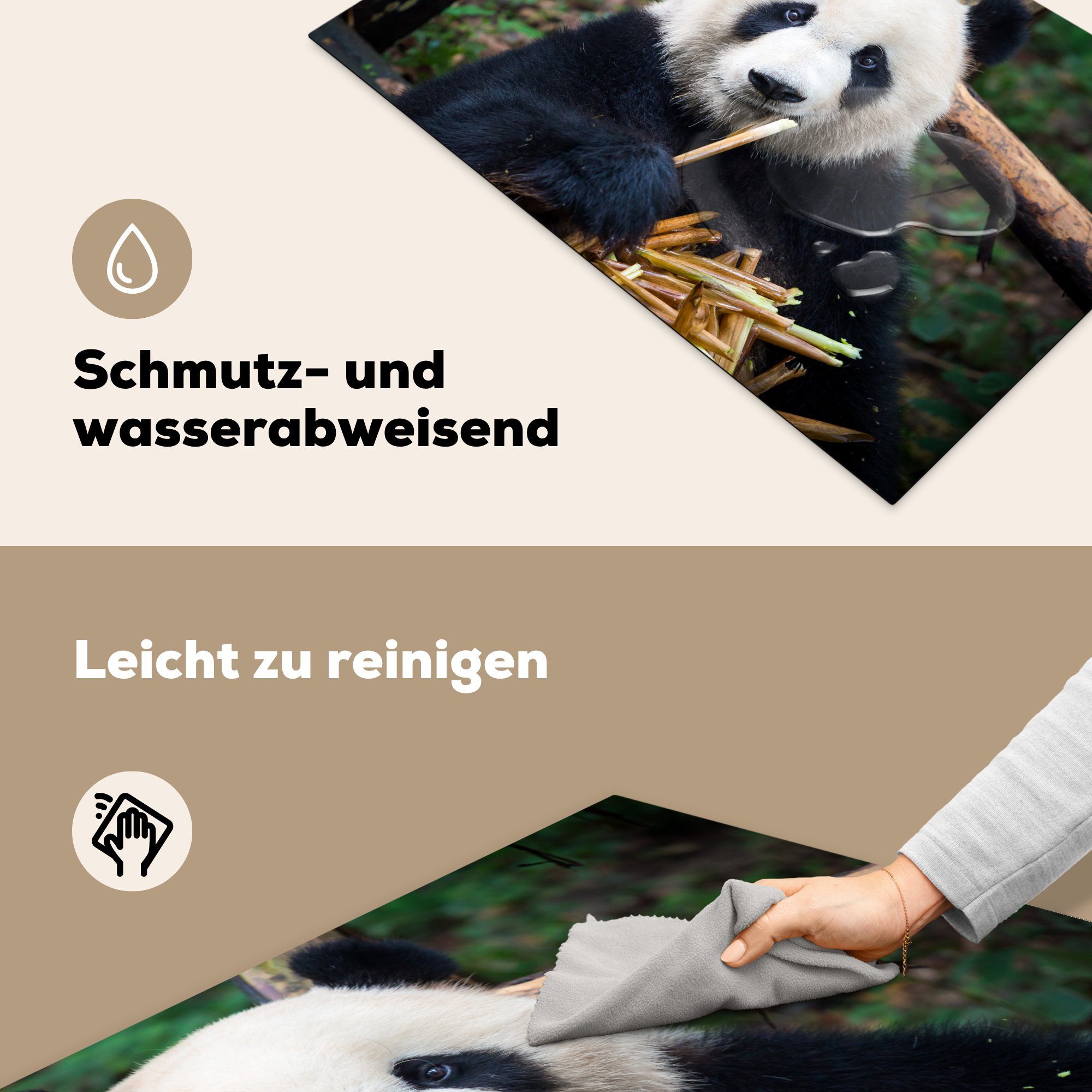 Ceranfeldabdeckung küche, - Bambus Induktionskochfeld Herdblende-/Abdeckplatte Natur, (1 Panda 81x52 für Schutz MuchoWow - cm, die tlg), Vinyl,