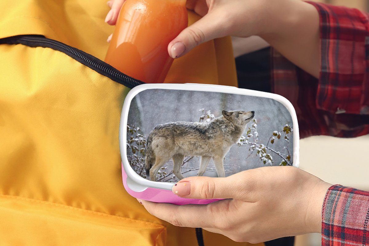MuchoWow Lunchbox Wolf - Mädchen, für Kunststoff rosa Brotdose (2-tlg), Brotbox Kinder, Kunststoff, Winter Erwachsene, - Snackbox, Schnee