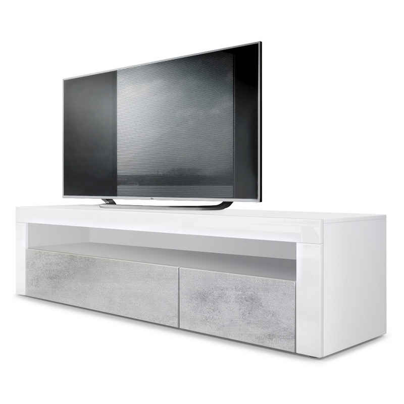 Vladon Lowboard Valencia (TV-Kommode, ​mit 1 offenem Fach und 2 Klappen), Weiß matt/Beton Oxid Optik/Weiß Hochglanz (155 x 46 x 40 cm)