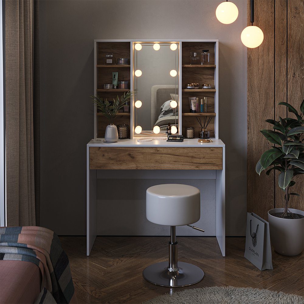 Schminktisch Alexa, Weiß/Eiche, 93 cm mit LED Beleuchtung