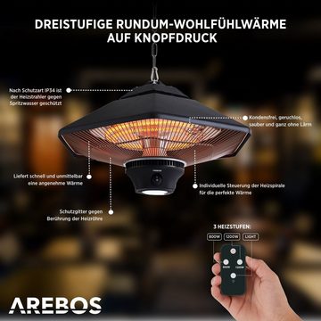 Arebos Terrassenstrahler Deckenheizstrahler 2000 W + Fernbedienung, 3 Heizstufen, zuschaltbare LED Beleuchtung, 2 Halogenlampen