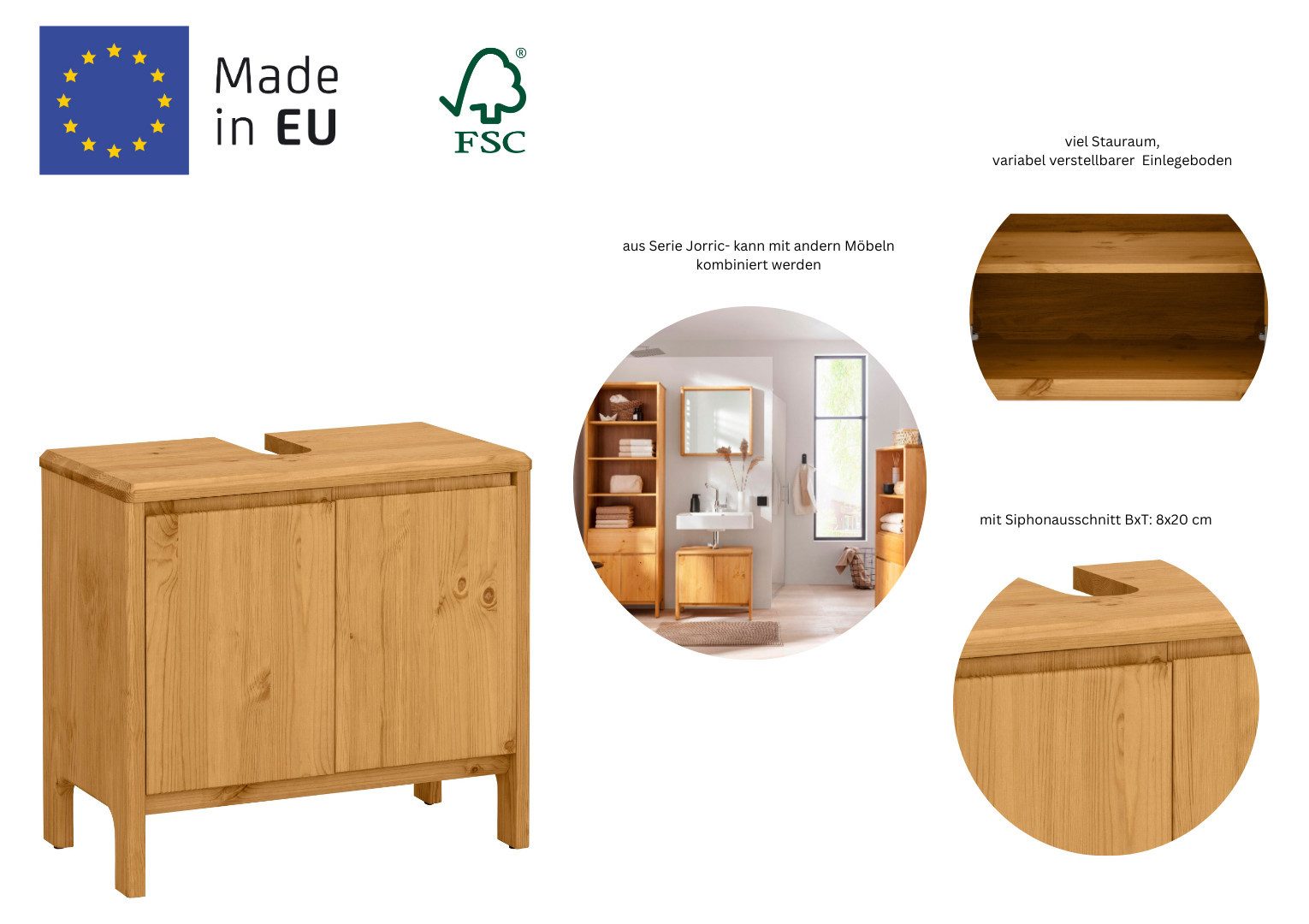 OTTO products Waschbeckenunterschrank Jorrick Breite 60 cm, Kiefer mit Bio Öl/Wachs behandelt, Siphonausschnitt