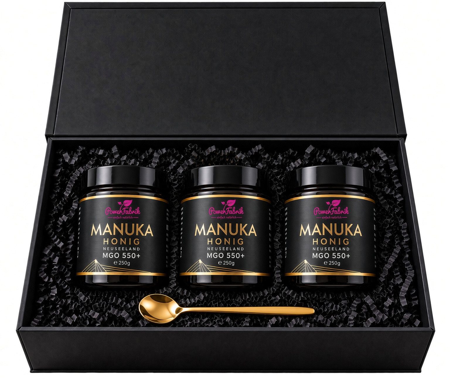 PowerFabrik Honig 3x Manuka Honig MGO 550+, 250g, Geschenkbox - Liebhaber