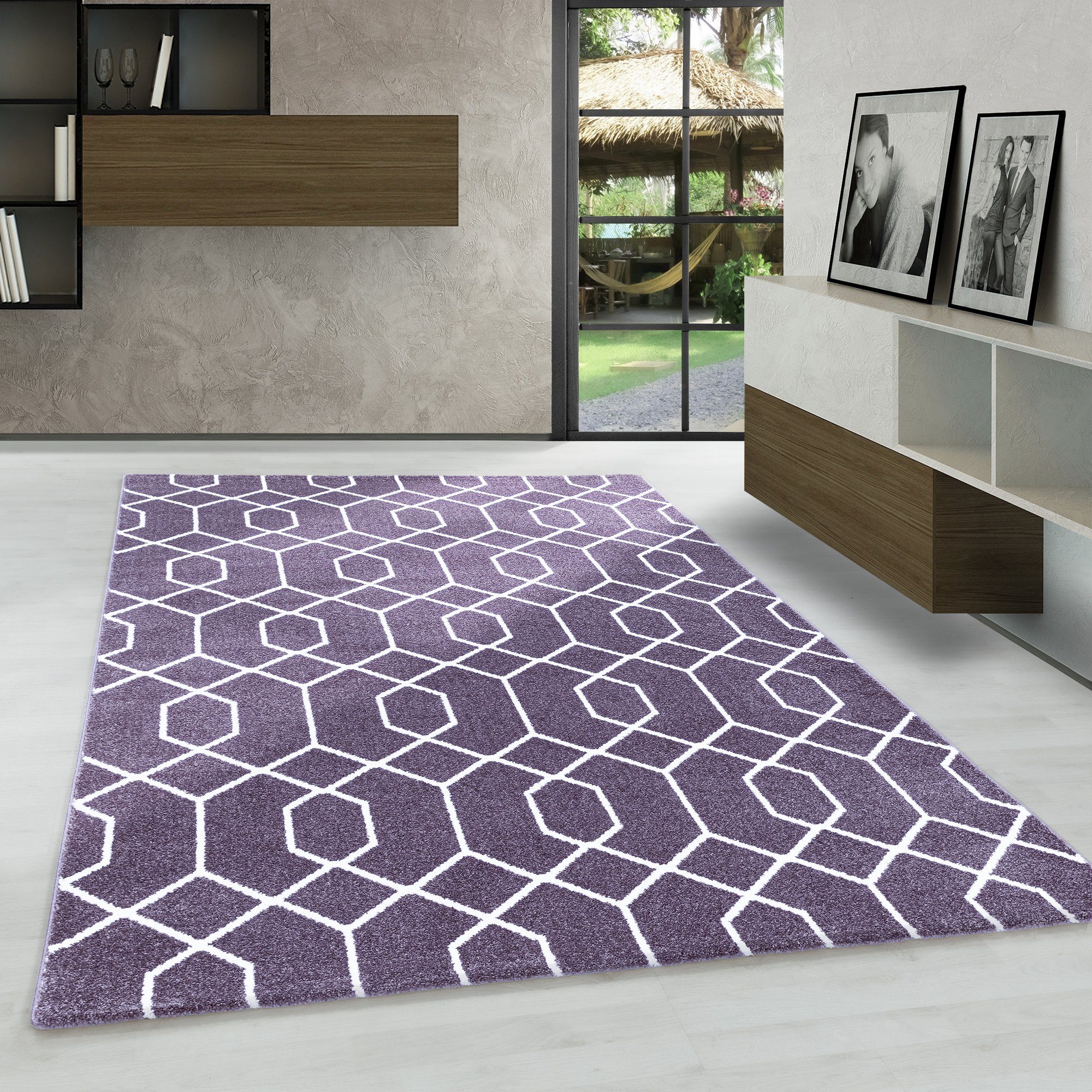 Frisé-Teppich Geometrisch Design, Carpetsale24, Läufer, Höhe: 10 mm, Kurzflor Teppich Geometrisch Design Violett Teppich Wohnzimmer