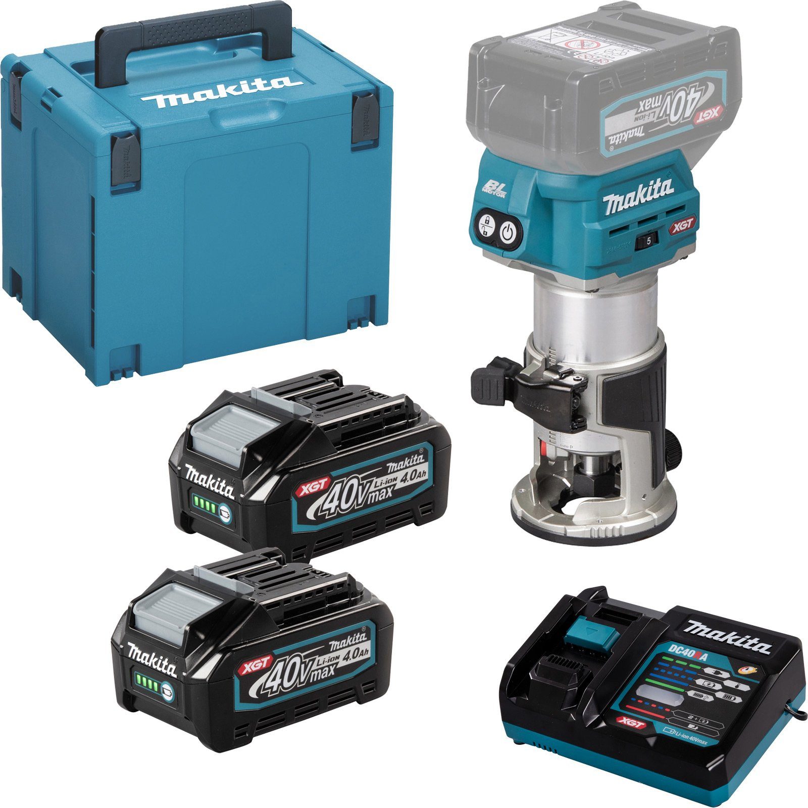 Makita Akku-Fräse Makita RT001GM205 Akku-Multifunktionsfräse 40V max. inkl. Zubehör...