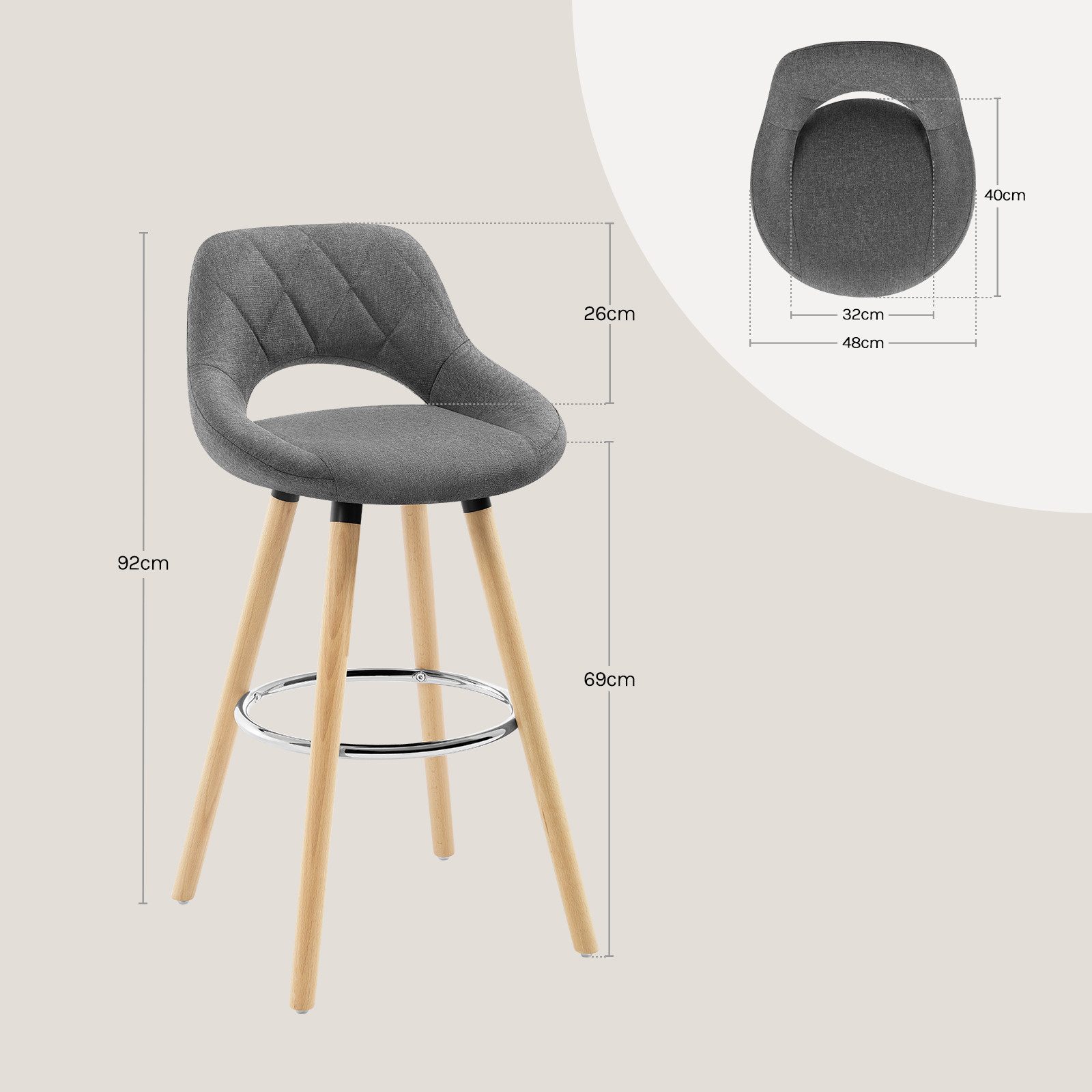 Woltu Polsterhocker (2 St), mit Lehne und Fußstütze Design Hocker aus Massivholz