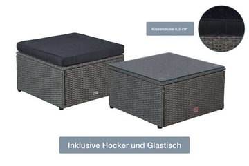 LC Garden Gartenlounge-Set Loungino« Poly Rattan Balkon Lounge Set Sofa + Hocker +Tisch Set, (Loungeset, 3-tlg., Set 3 tlg), Polsterung: Schaumstoff (waschbar bei 30 Grad)