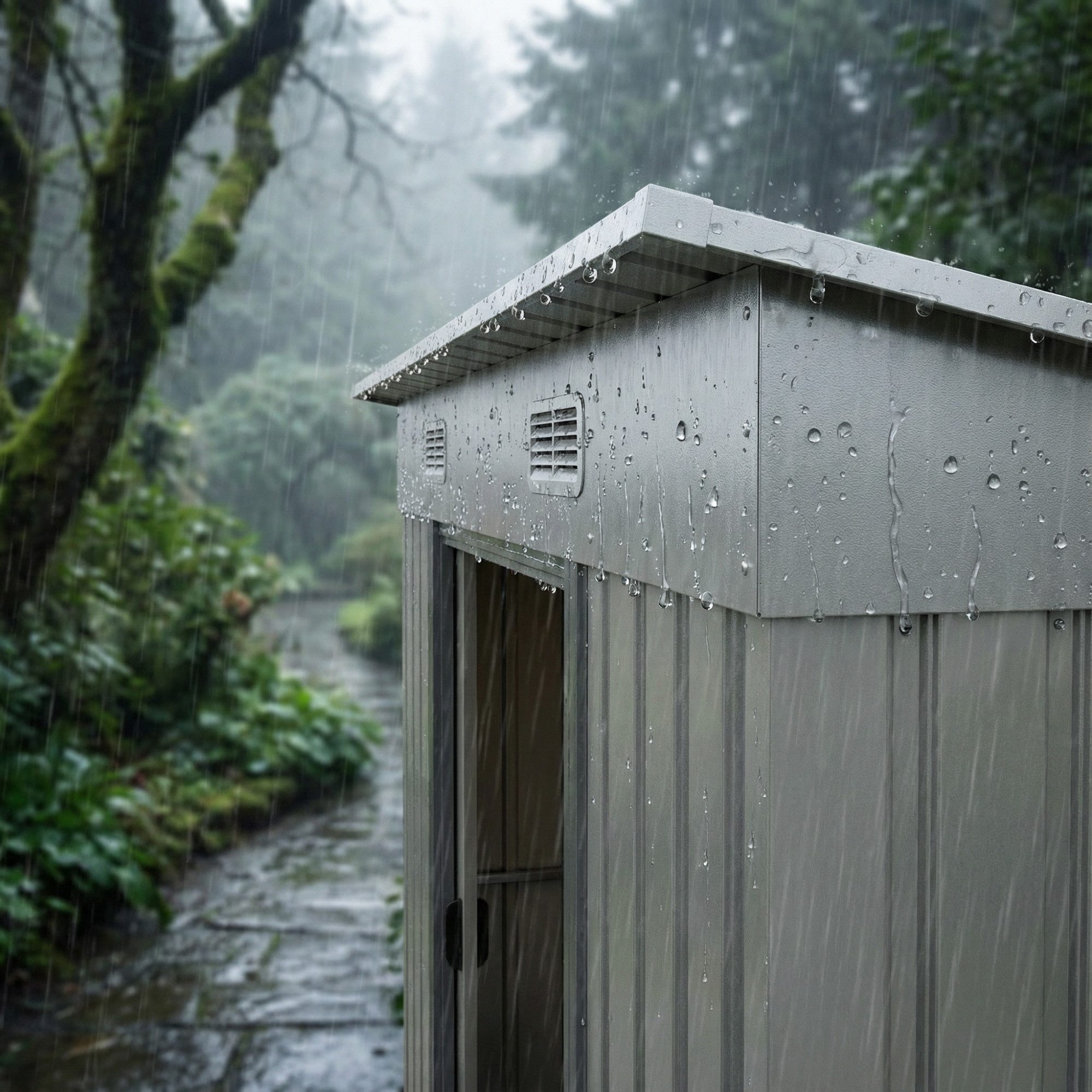 GUNJI Gerätehaus Metall Geräteschuppen Inkl. Stahlfundament, Gartenhaus mit Pultdach, M: 1,8m x 1,1m, L: 2.3m x 2m, XL: 2.4m x 3m, Doppelschiebetür – Bild 5 von 5