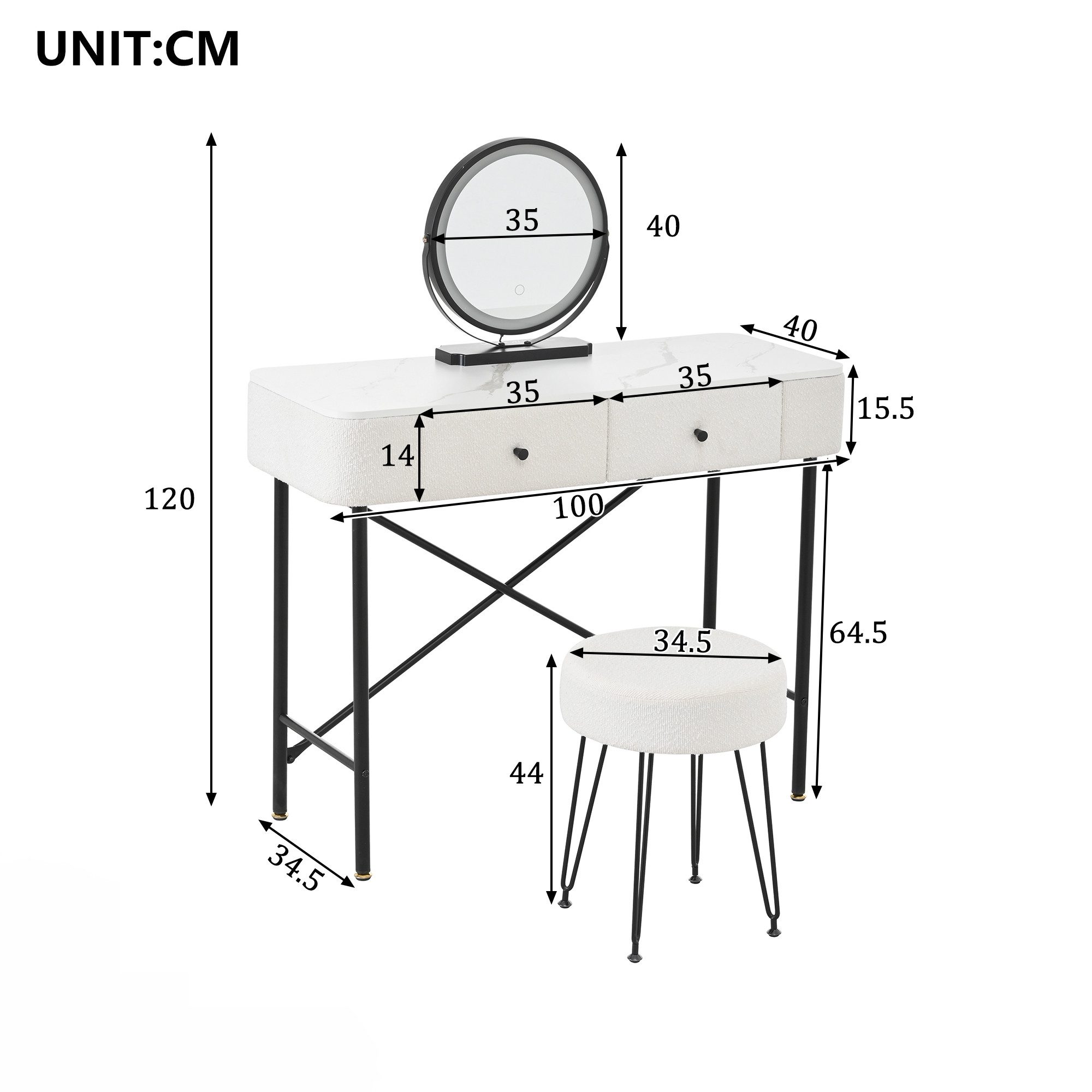 Celya Schminktisch Frisiertisch Kosmetiktisch mit LED-Spiegel und Hocker (mit 2 Schubladen, Tischplatte mit Marmoroptik, mit Fleecedekor), ideal für Schlafzimmer, Ankleidezimmer oder moderne Wohnräume