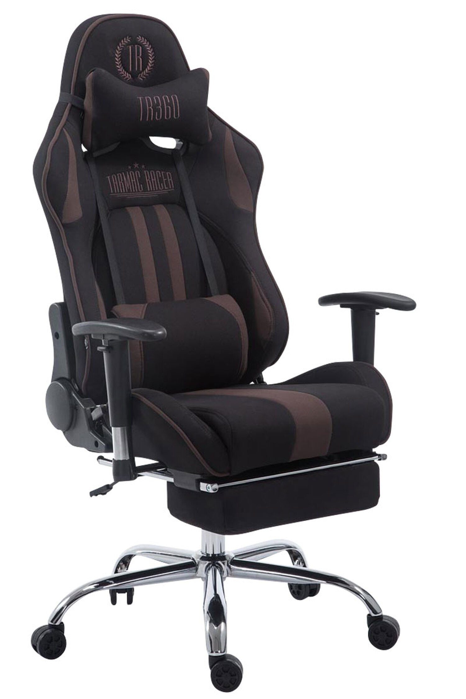 TPFLiving Gaming-Stuhl Limitless mit bequemer Gestell: Stoff schwarz/braun Sitzfläche: Gamingstuhl, drehbar höhenverstellbar - (Schreibtischstuhl, und Racingstuhl, chrom 360° Drehstuhl, Metall Chefsessel), - Rückenlehne
