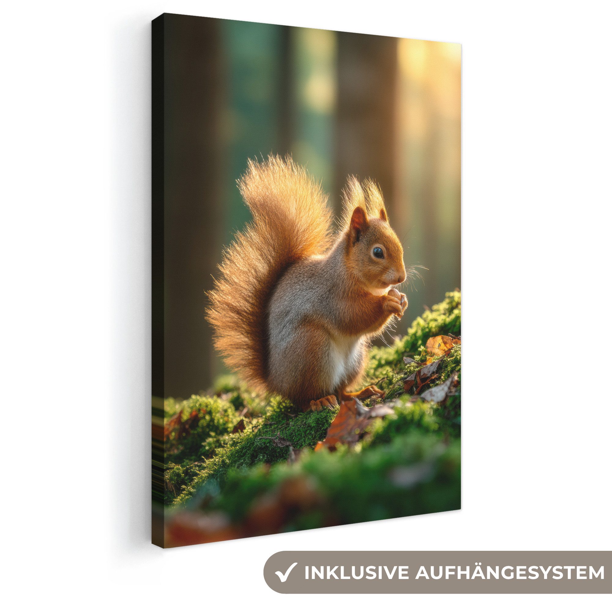 OneMillionCanvasses® Leinwandbild Eichhörnchen - Nuss - Gras, Fotodruck (1 St), Leinwand Canvas Wandbild, Wanddekoration 20x30 cm