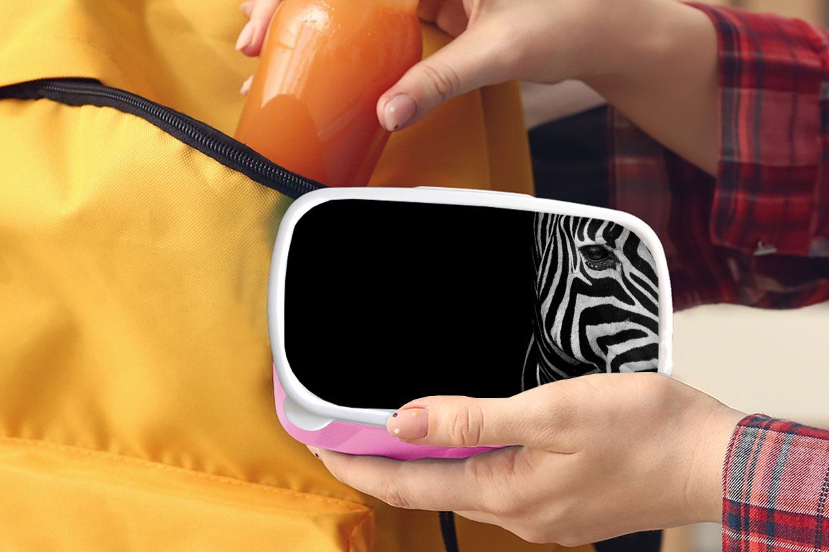 MuchoWow Kunststoff, Kunststoff Kinder, Mädchen, rosa - Snackbox, (2-tlg), - - Weiß, Schwarz Tiere Brotbox Lunchbox Zebra für Erwachsene, Brotdose