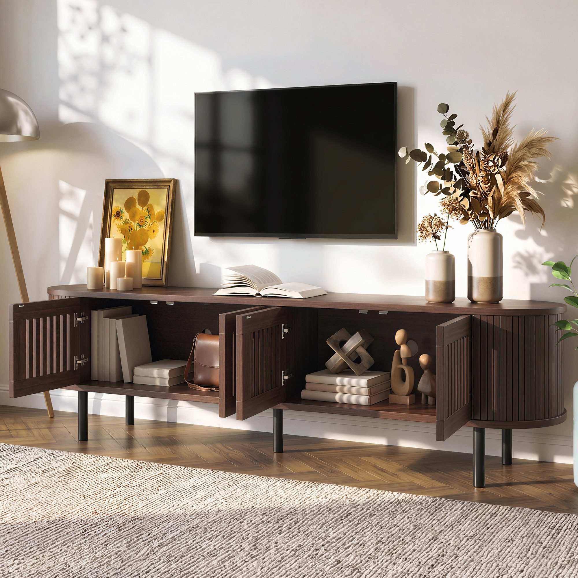 Merax Lowboard in Walnussholzoptik, Fernsehtisch mit Kabelmanagement (178 × 39,5 × 49,5 cm, 1 St), TV Schrank mit 4 Türen mit Lamellen-Design, Metallbeine & Stauraum