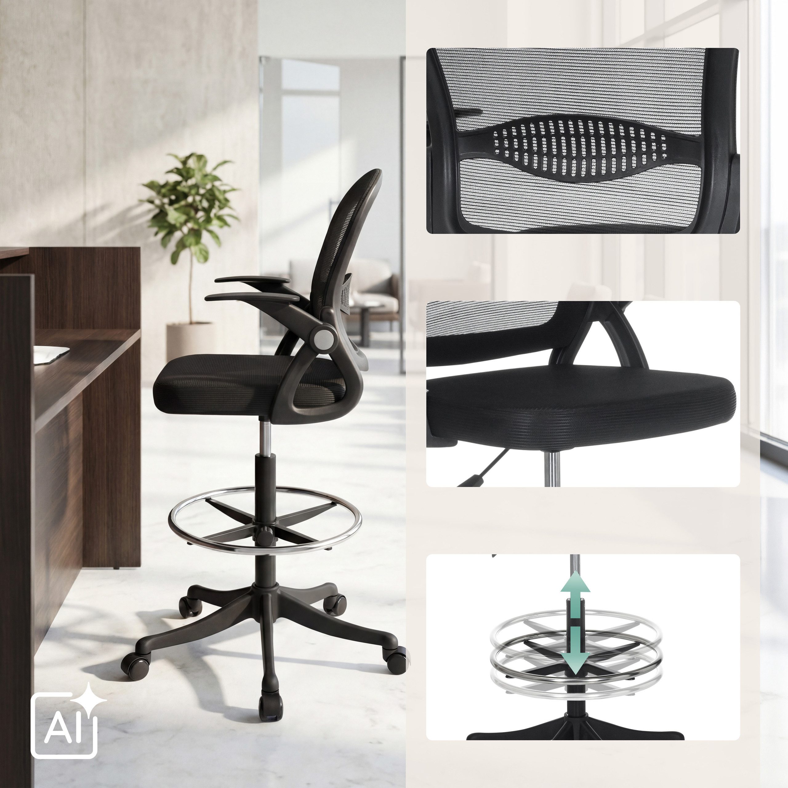 hjh OFFICE Drehstuhl Counterstuhl Naluro Work Stoff / Netzstoff (1 St), Arbeitsstuhl hoch, Bürostuhl mit Fußablage
