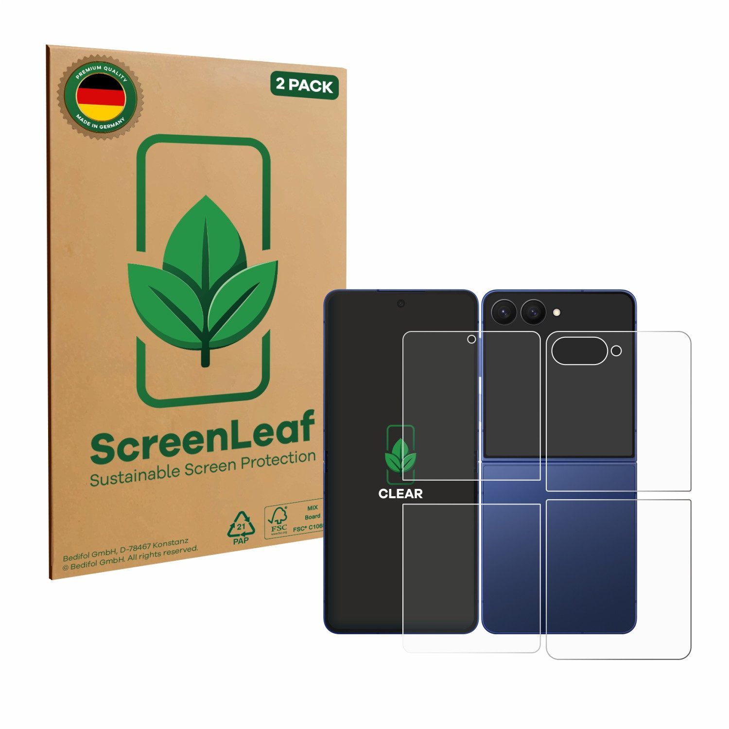 ScreenLeaf Displayschutzfolie Schutzfolie für Samsung Galaxy Z Flip 7 (Display+Rückseite), 2 Stück, nachhaltiger Displayschutz Schutz Folie Klar Transparent