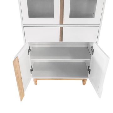 REDOM Highboard Schrank Vitrine (2 Türen aus Rattanimitat, 2 eingesetzten Türen aus Acryl), Aufbewahrungsmöbel für das Wohnzimmer, 128*35*70cm