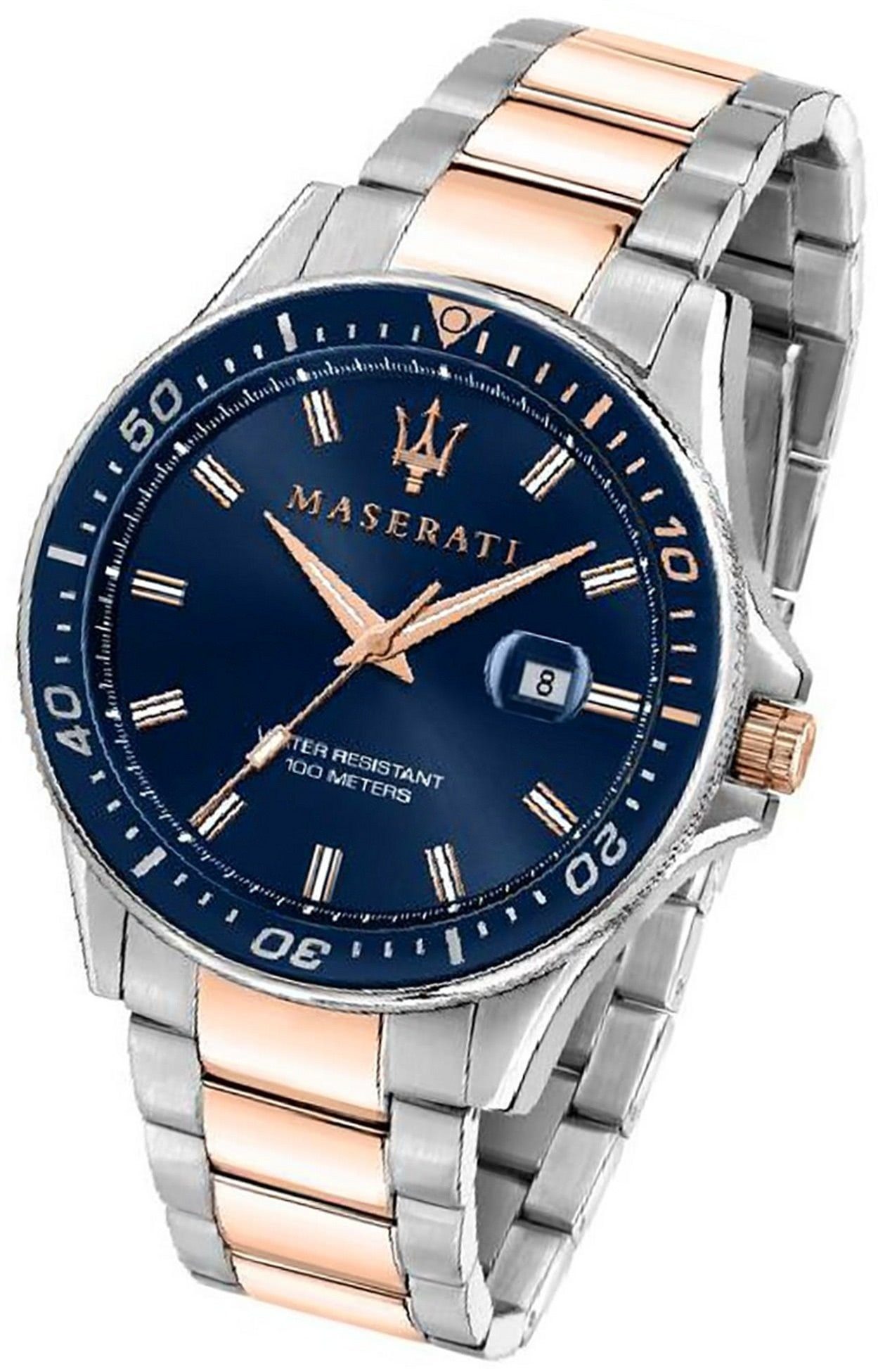 MASERATI Quarzuhr Maserati Edelstahl Armband-Uhr, (Analoguhr), Herrenuhr Edelstahlarmband, rundes Gehäuse, groß (ca. 44mm) blau