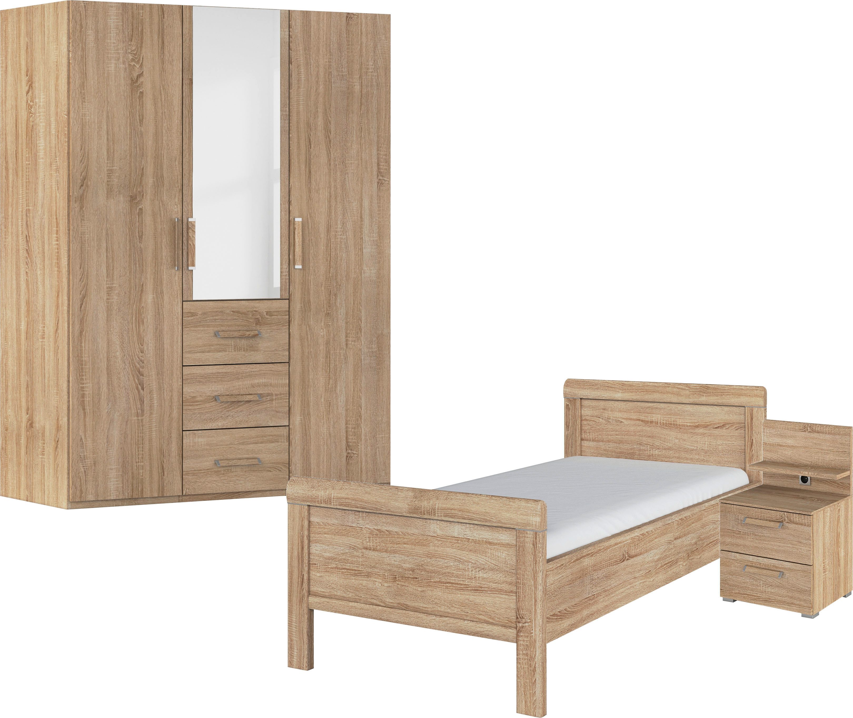 rauch Schlafzimmer-Set Komplettschlafzimmer Schlafzimmer EVELYN, (Set, 3-tlg., inkl. SOFT-CLOSE-FUNKTION), Schrank und Bett in 2 Breiten, Nachttisch mit Paneel MADE IN GERMANY