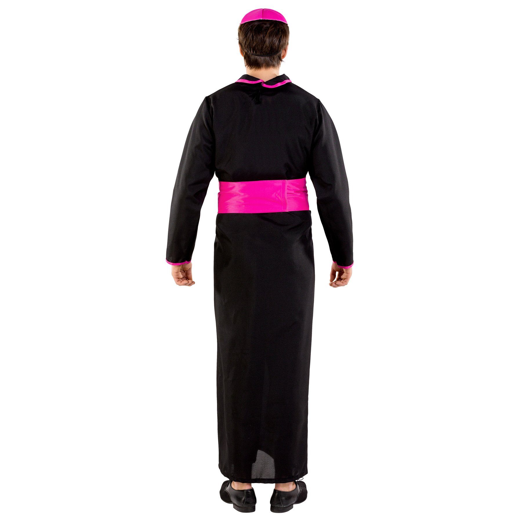 dressforfun Kostüm Mönch, auch Prediger, in schwarz, Gr. M, Gürtel mit Klettverschl., Scheitelkäppchen, Bunter Saum am Stehkragen an den Ärmeln und vorn