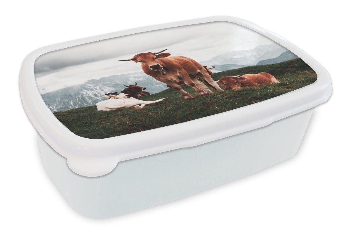 MuchoWow Lunchbox Tiere - Kuh - Berg, Kunststoff, (2-tlg), Brotbox für Kinder und Erwachsene, Brotdose, für Jungs und Mädchen weiß
