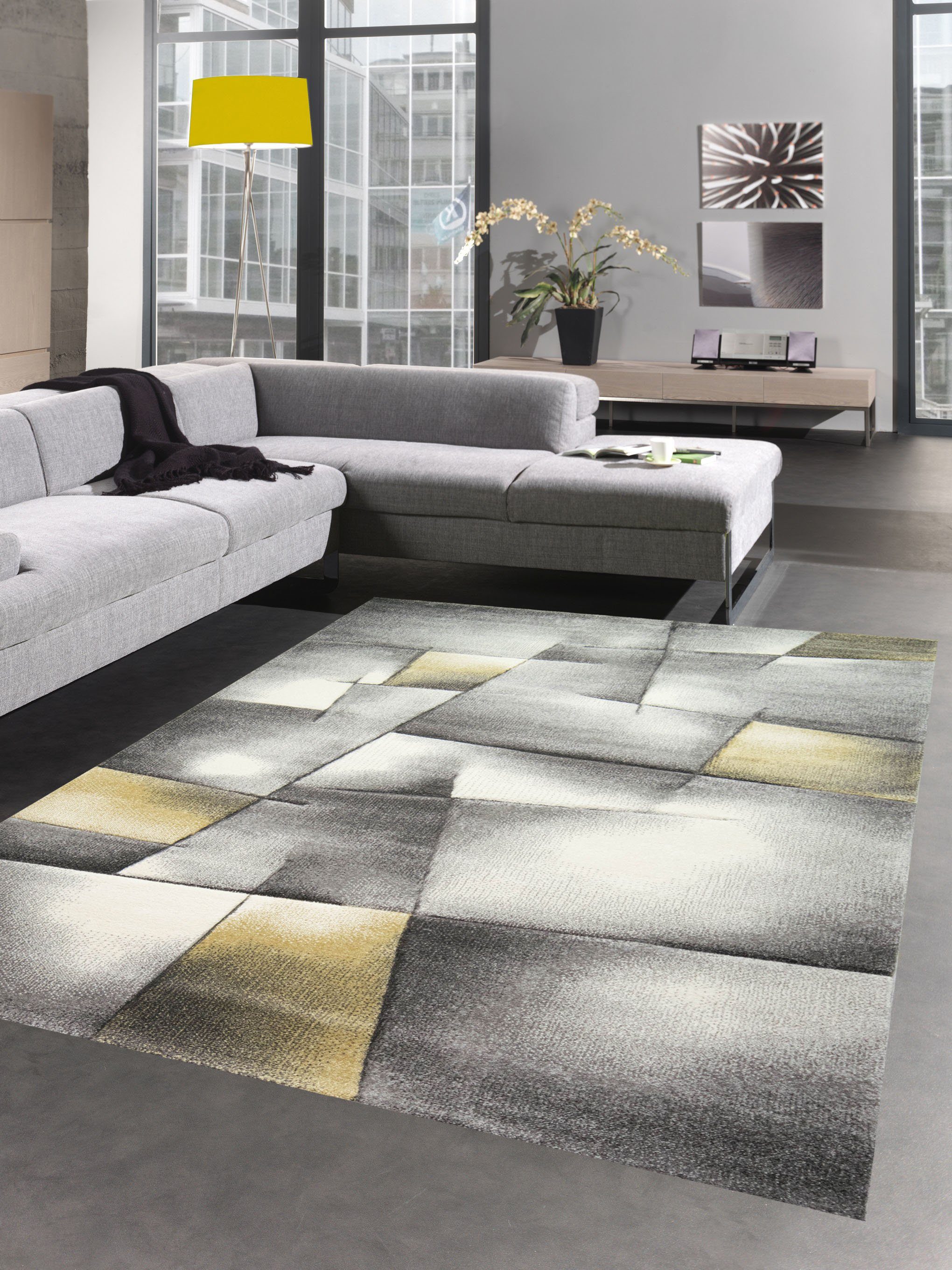 Carpetia Teppich Teppich Kurzflor Wohnzimmerteppich karo abstrakt pastell gelb grau, rechteckig, Höhe: 13 mm