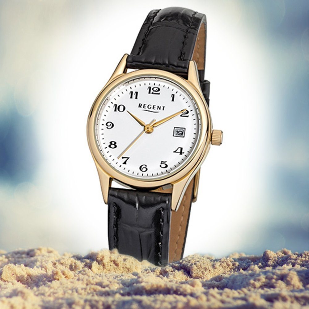 Armbanduhr Damen-Armbanduhr Quarzuhr Regent Regent Damen 28mm), Analog, schwarz rund, (ca. Lederarmband klein