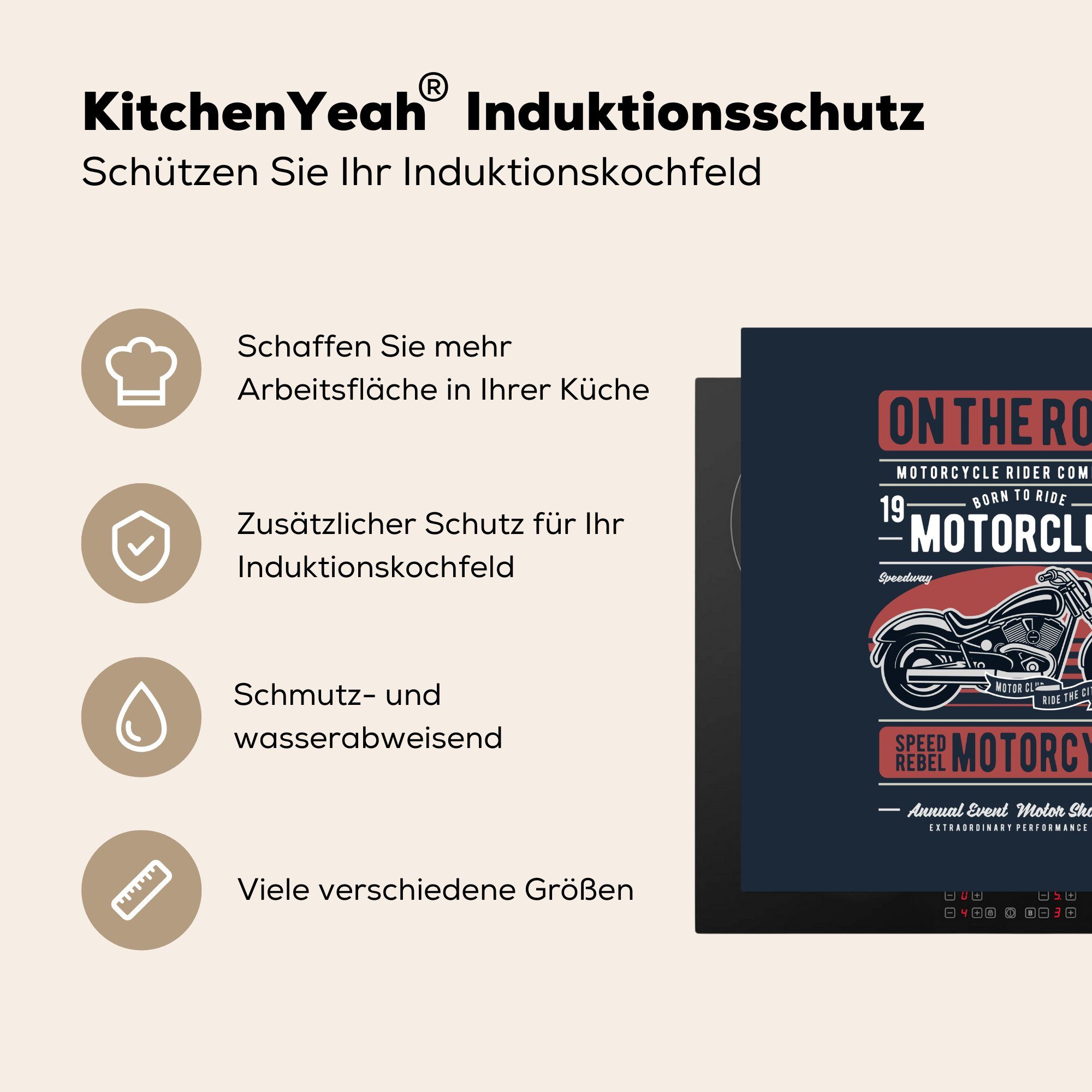 - Motorrad - tlg), Herdblende-/Abdeckplatte Vinyl, (1 78x78 Zitat, cm, für MuchoWow küche Ceranfeldabdeckung, Retro Arbeitsplatte