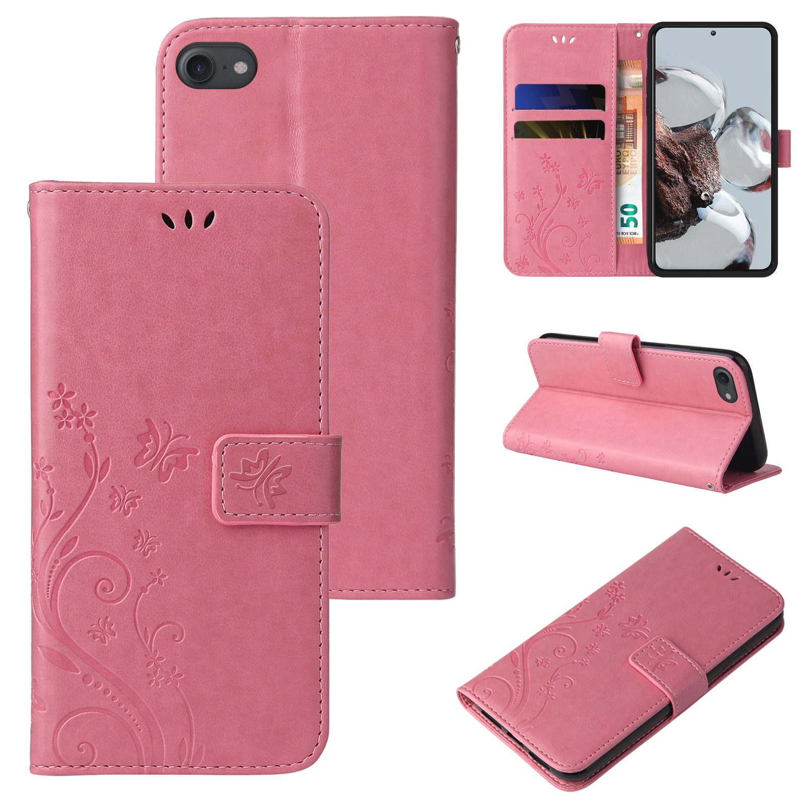 Tec-Expert Handyhülle Cover Tasche Hülle für Apple iPhone 7 / 8 / SE (2020) 4,7 Zoll, Klapphülle Case mit Kartenfach Fliphülle aufstellbar, Motiv Blumen