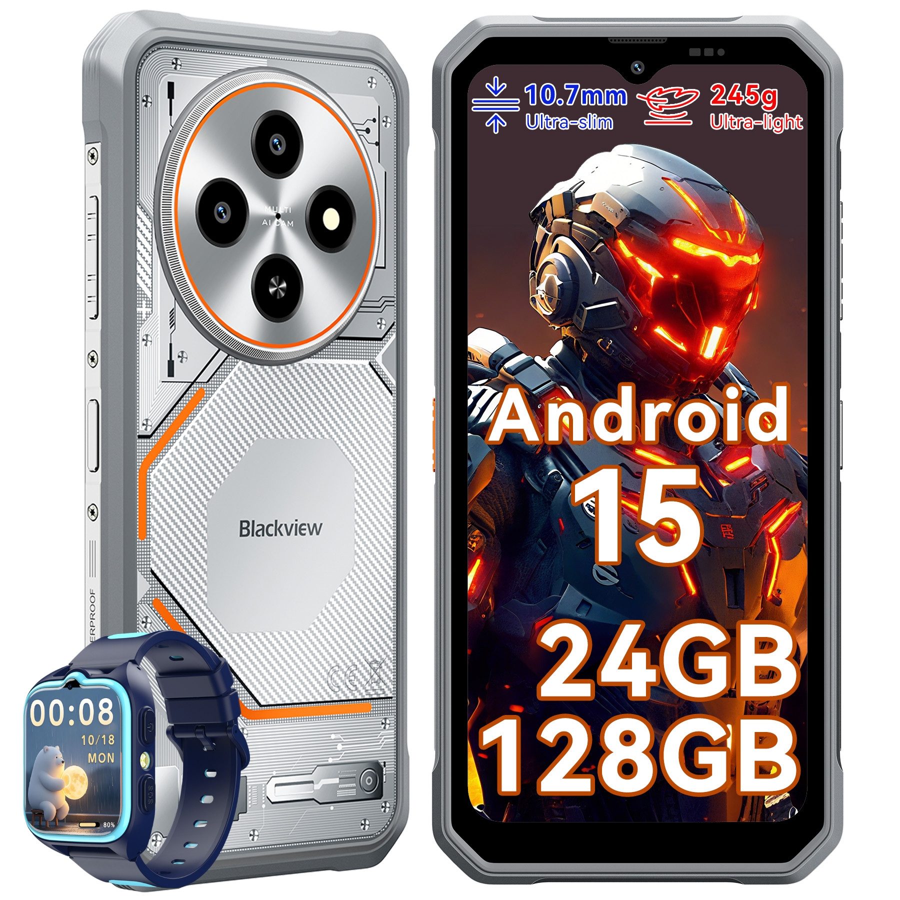 blackview FORT 2 incl. Kinder Smartwatch Ultradünnes Robust Smartphone (6.56 Zoll, 128 GB Speicherplatz, DokeOS 5.0, Android 15, 128/256GB, 16MP, 5W OTG)