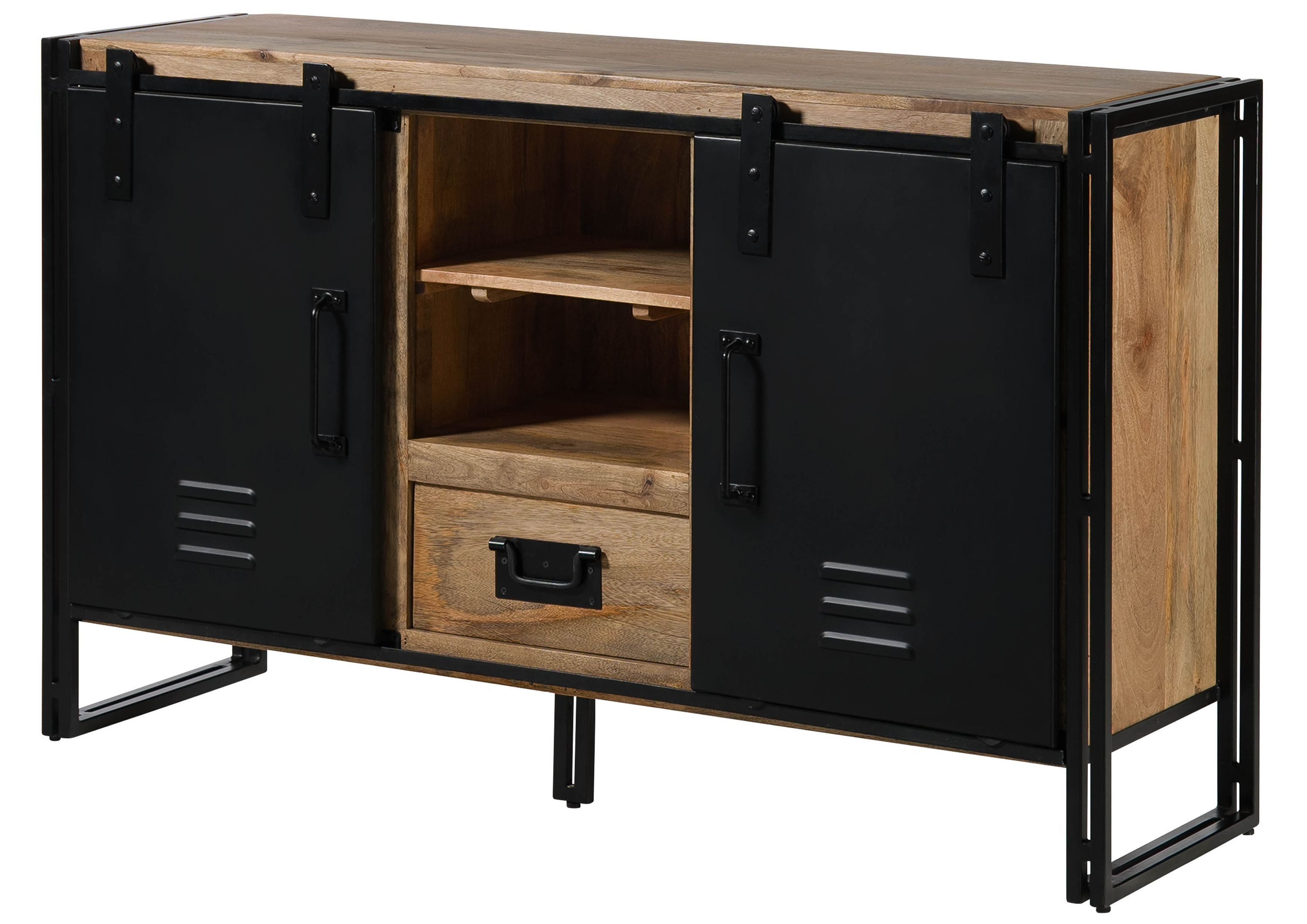 Massivmoebel24 Sideboard BLACKBURN (Massivholz), Mango 150x45x90 natur lackiert Metall / schwarz BLACKBURN #111