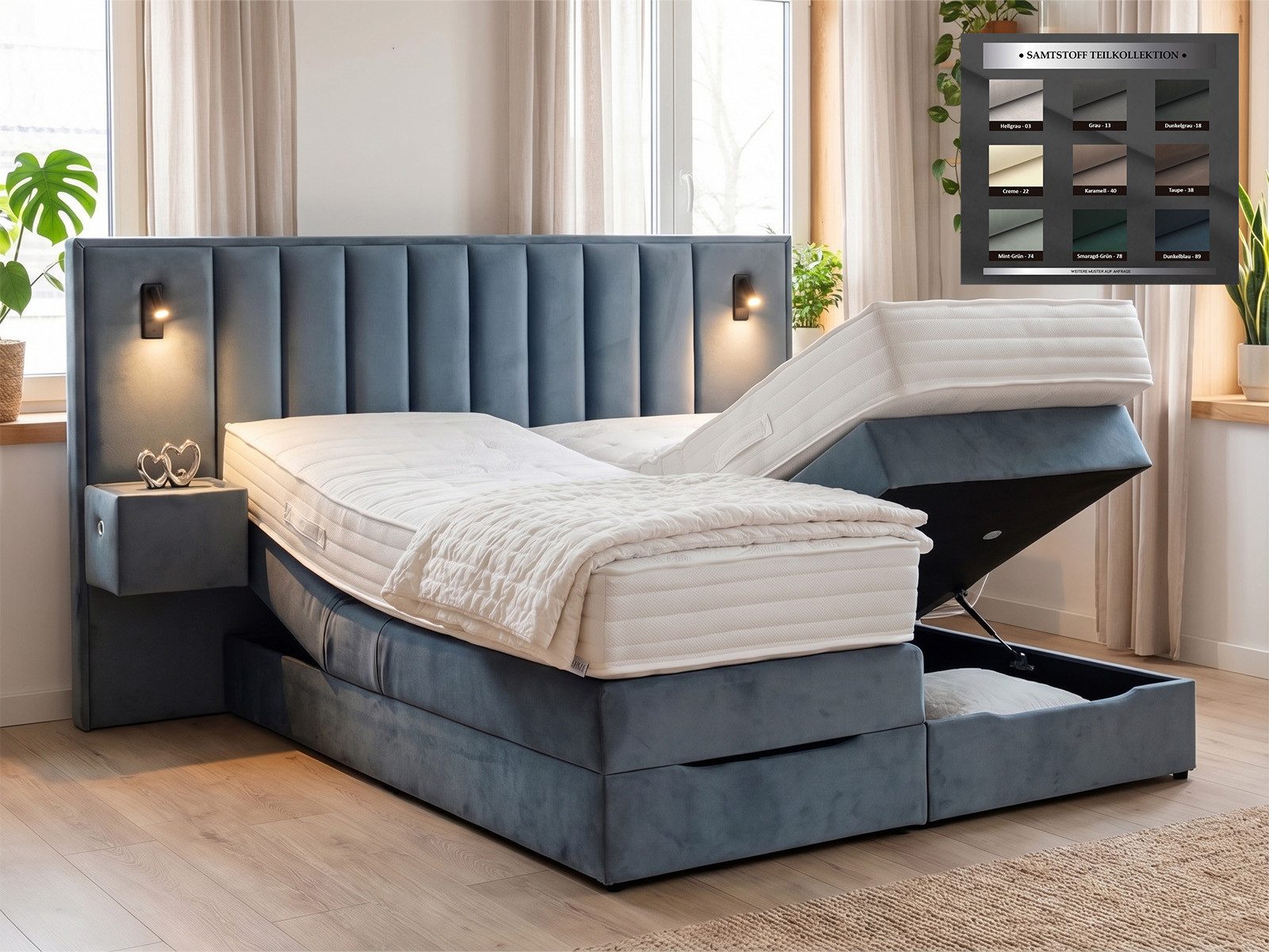 PAARA Boxspringbett mit USB und Beleuchtung, mit Bettkasten und Nachttischen, mit innovativem Belüftungssystem